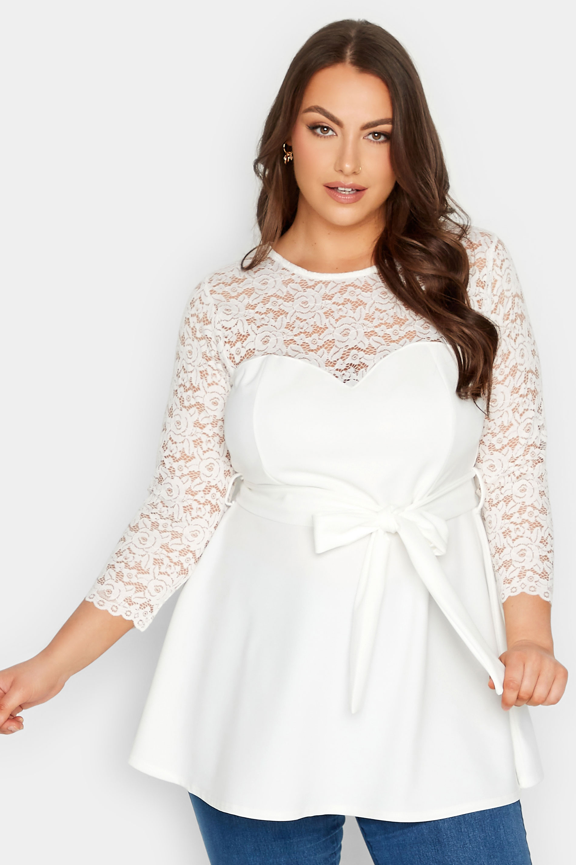 YOURS LONDON Curve Plus Size White Lace Sweetheart Peplum Top | Yours Clothing  1