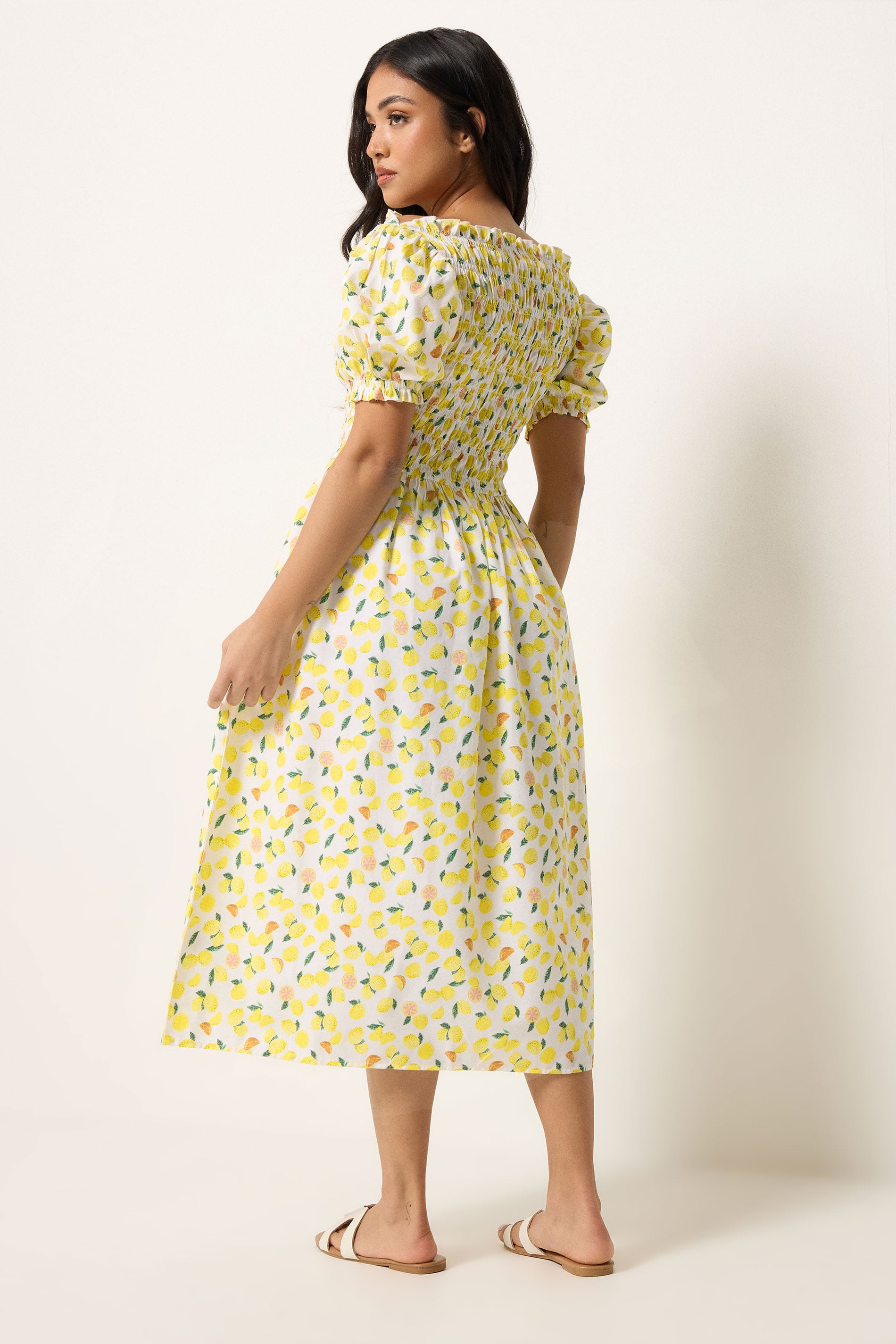 PixieGirl Petite Women's Yellow Lemon Shirred Midi Dress | PixieGirl 2