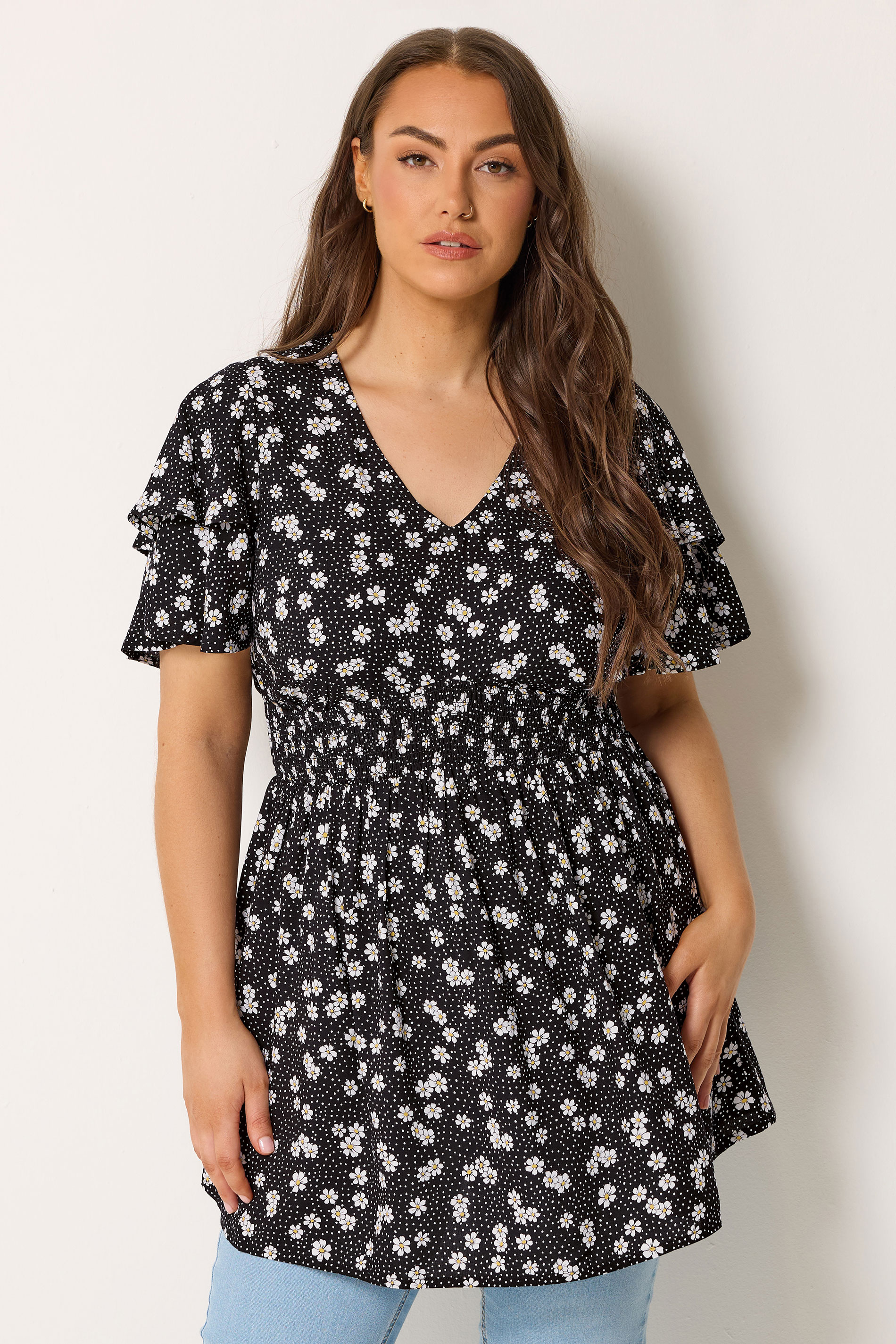 YOURS Plus Size Black Daisy Flutter Sleeve Top | Yours Clothing 3