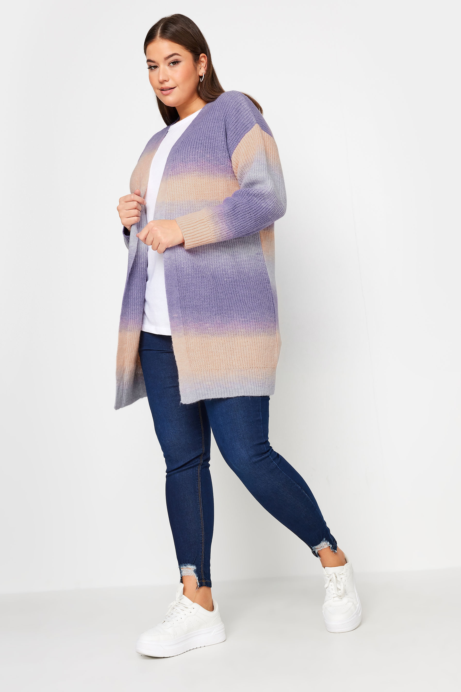 YOURS Curve Purple Ombre Stripe Print Knitted Cardigan | Yours Clothing 1