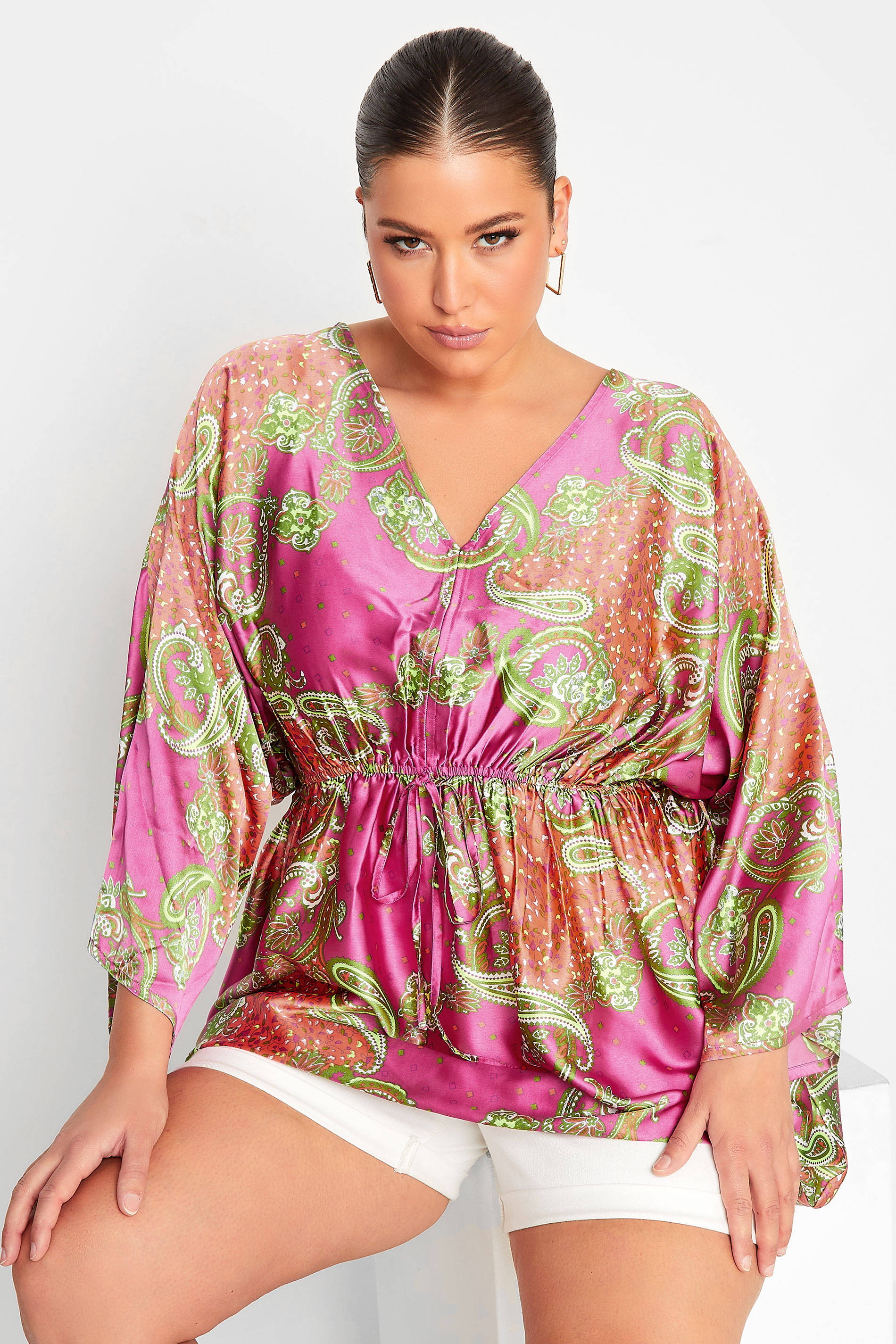 YOURS Curve Pink Retro Paisley Kimono Top | Yours Clothing