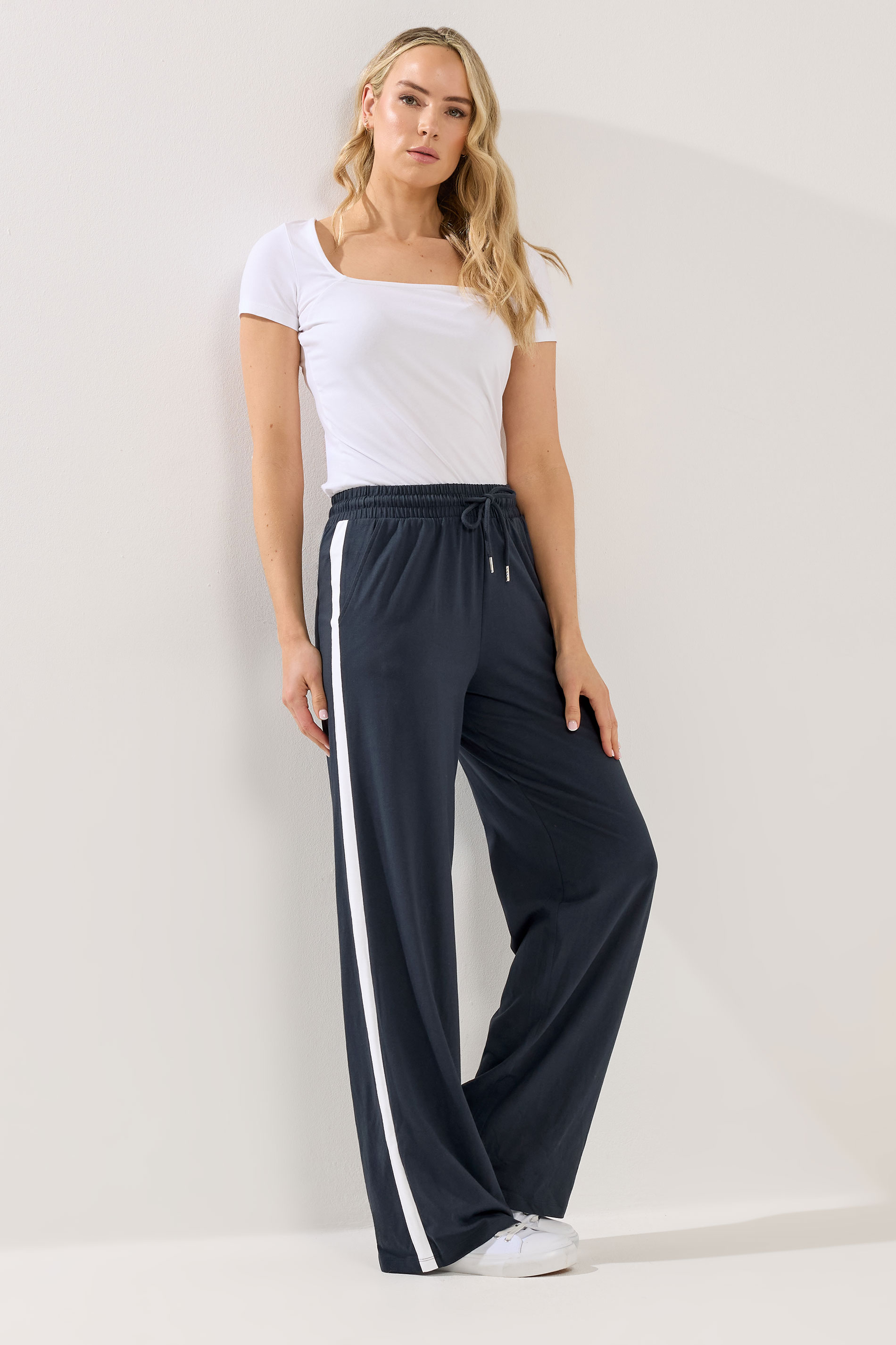LTS Tall Women's Navy Blue Pipe Detail Cotton Wide Leg Joggers | Long Tall Sally 3