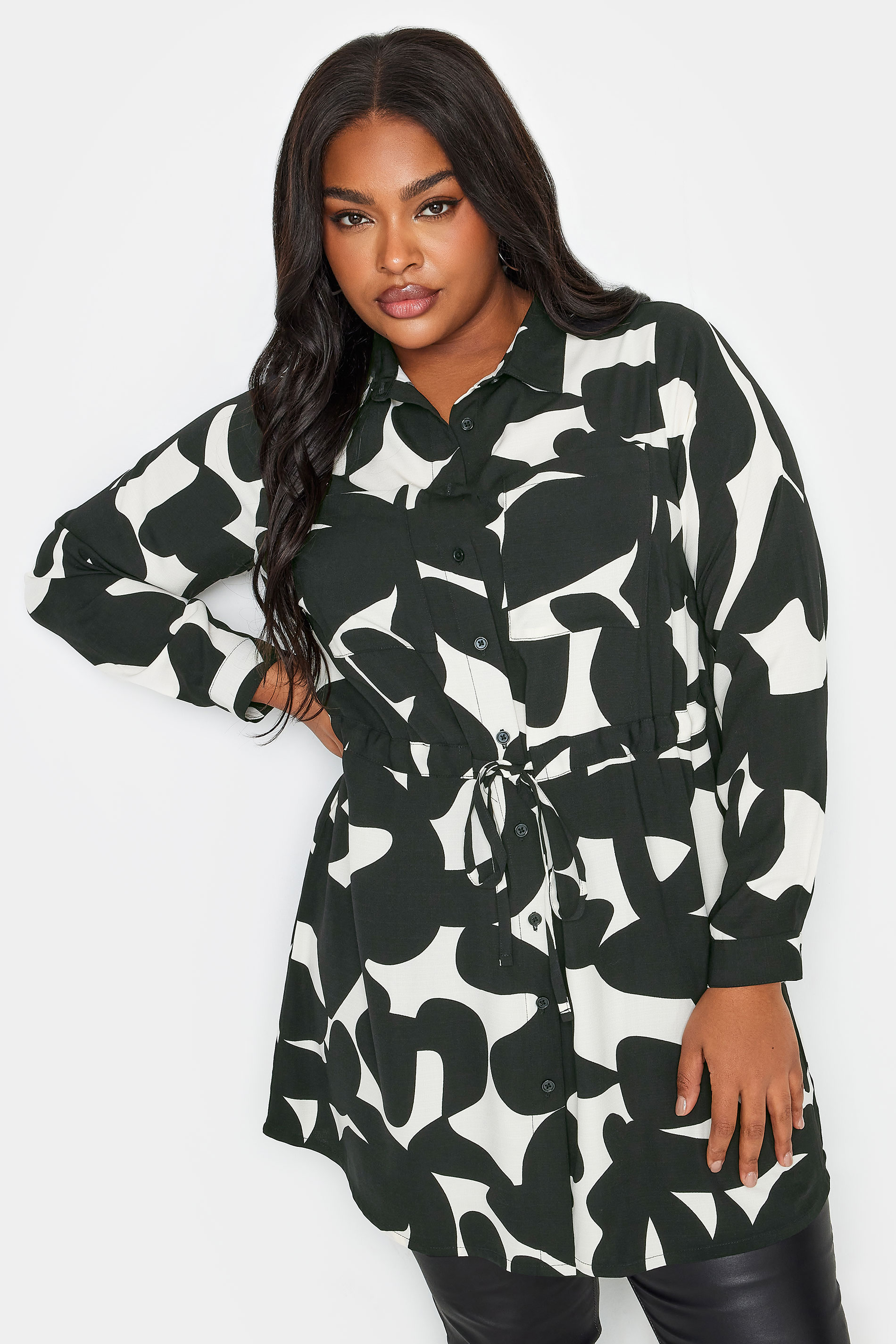 YOURS Plus Size Black & White Abstract Print Utility Tunic Shirt | Yours Clothing 2