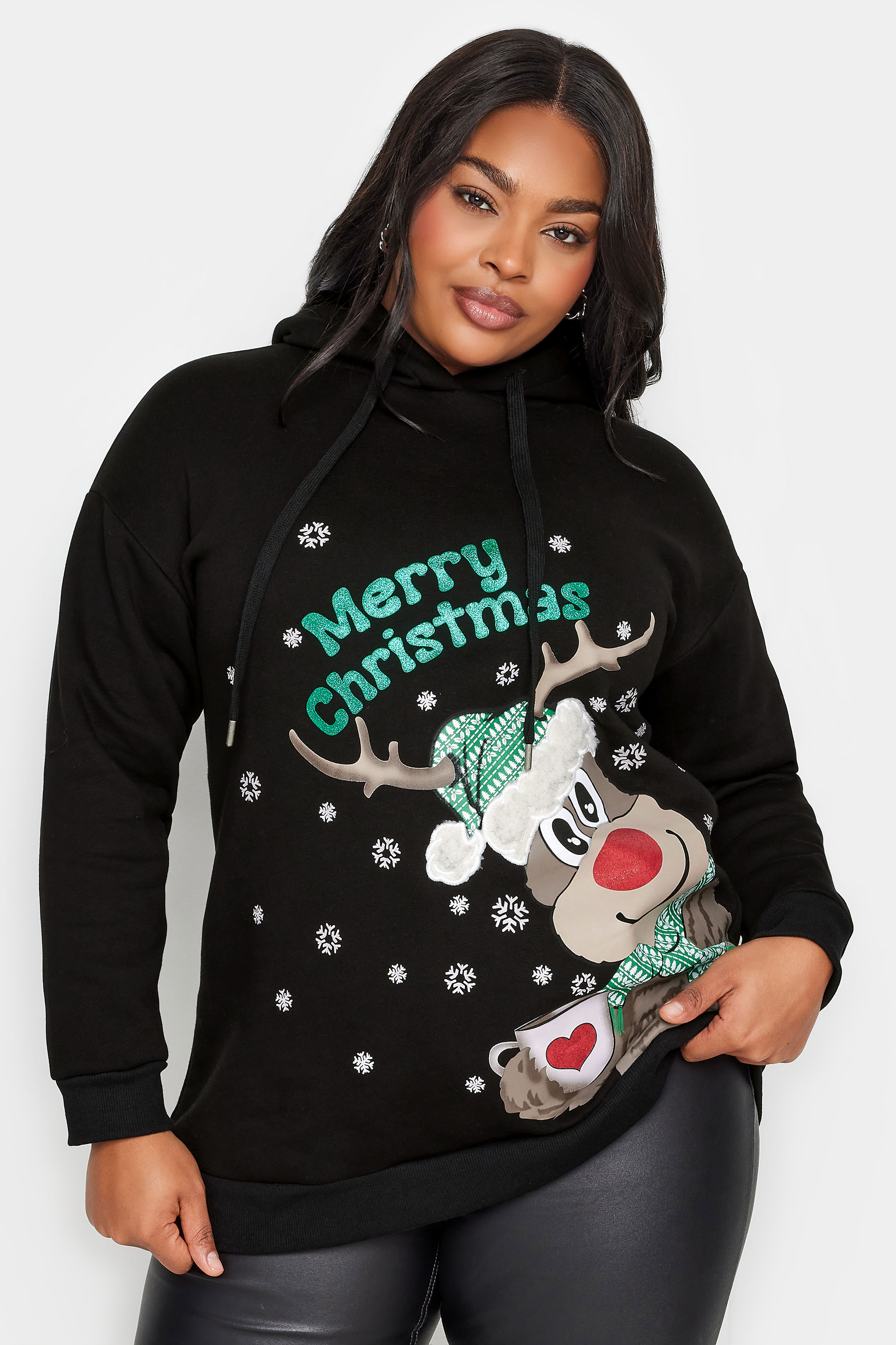 YOURS Plus Size Black 'Merry Christmas' Reindeer Print Hoodie | Yours Clothing 1