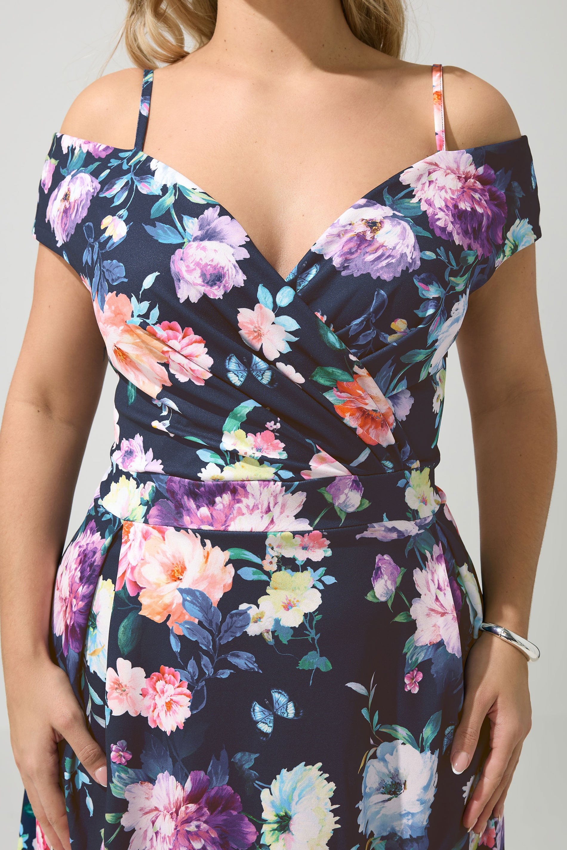 YOURS LONDON Plus Size Navy Blue Bardot Floral Skater Dress | Yours Clothing 4