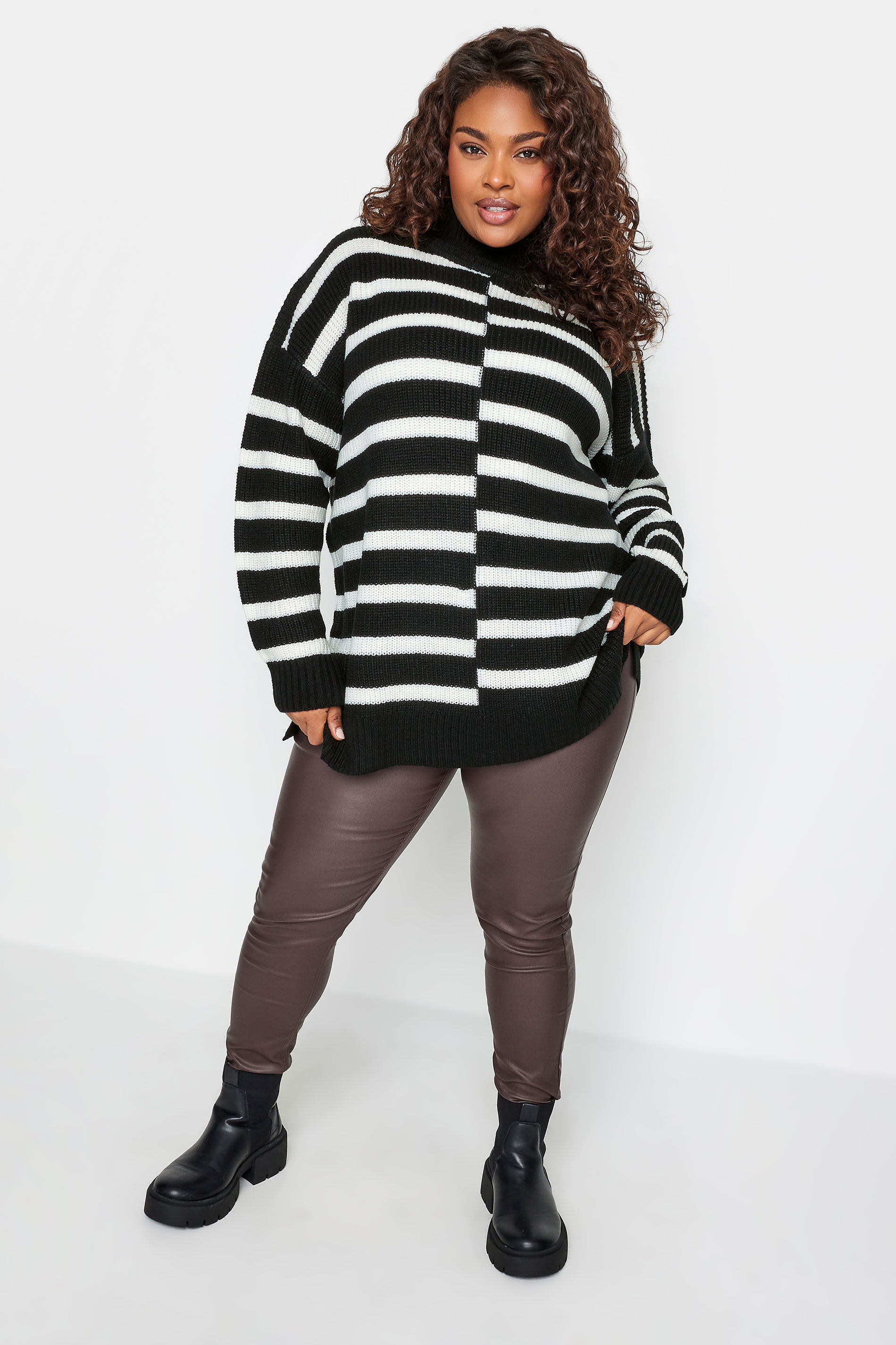 YOURS Plus Size Black Contrast Stripe Turtle Neck Jumper | Yours Clothing 2