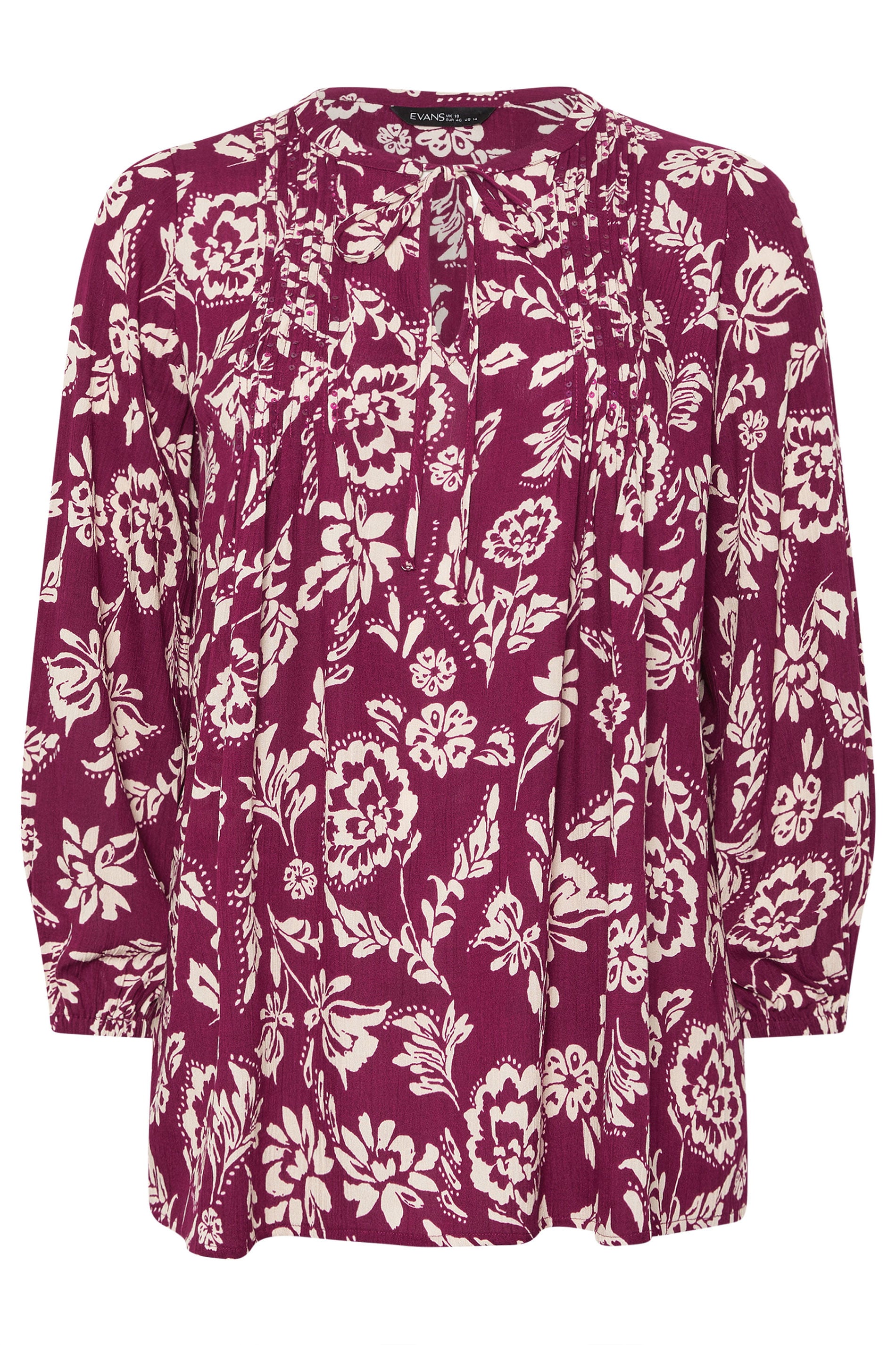 EVANS Plus Size Berry Red Floral Pintuck Tie Neck Blouse | Evans 6