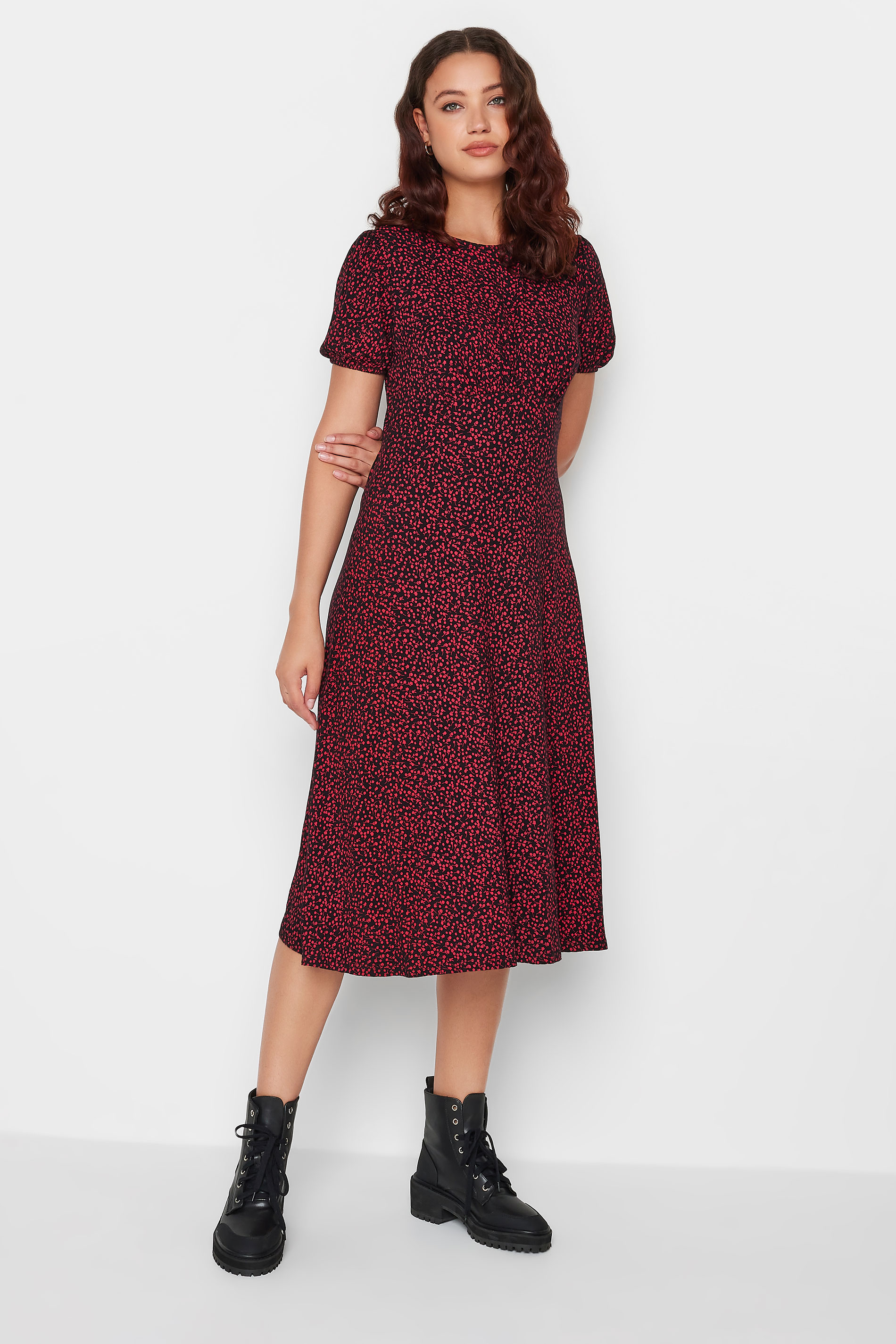LTS Tall Women's Black & Red Ditsy Floral Print Midi Tea Dress | Long Tall Sally 1