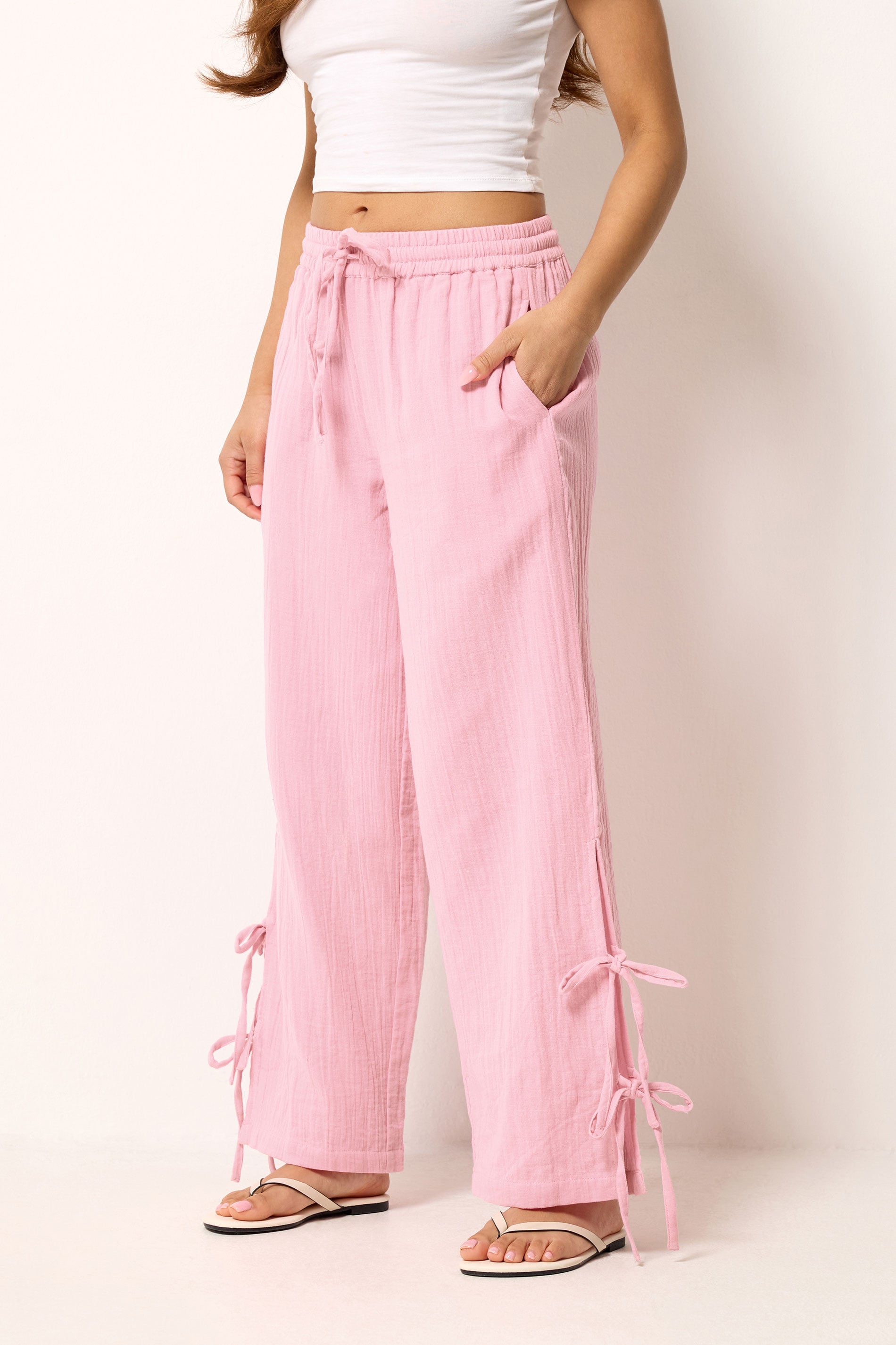 PixieGirl Petite Women's Pink Tie Detail Cotton Cheesecloth Wide Leg Trousers | PixieGirl 1
