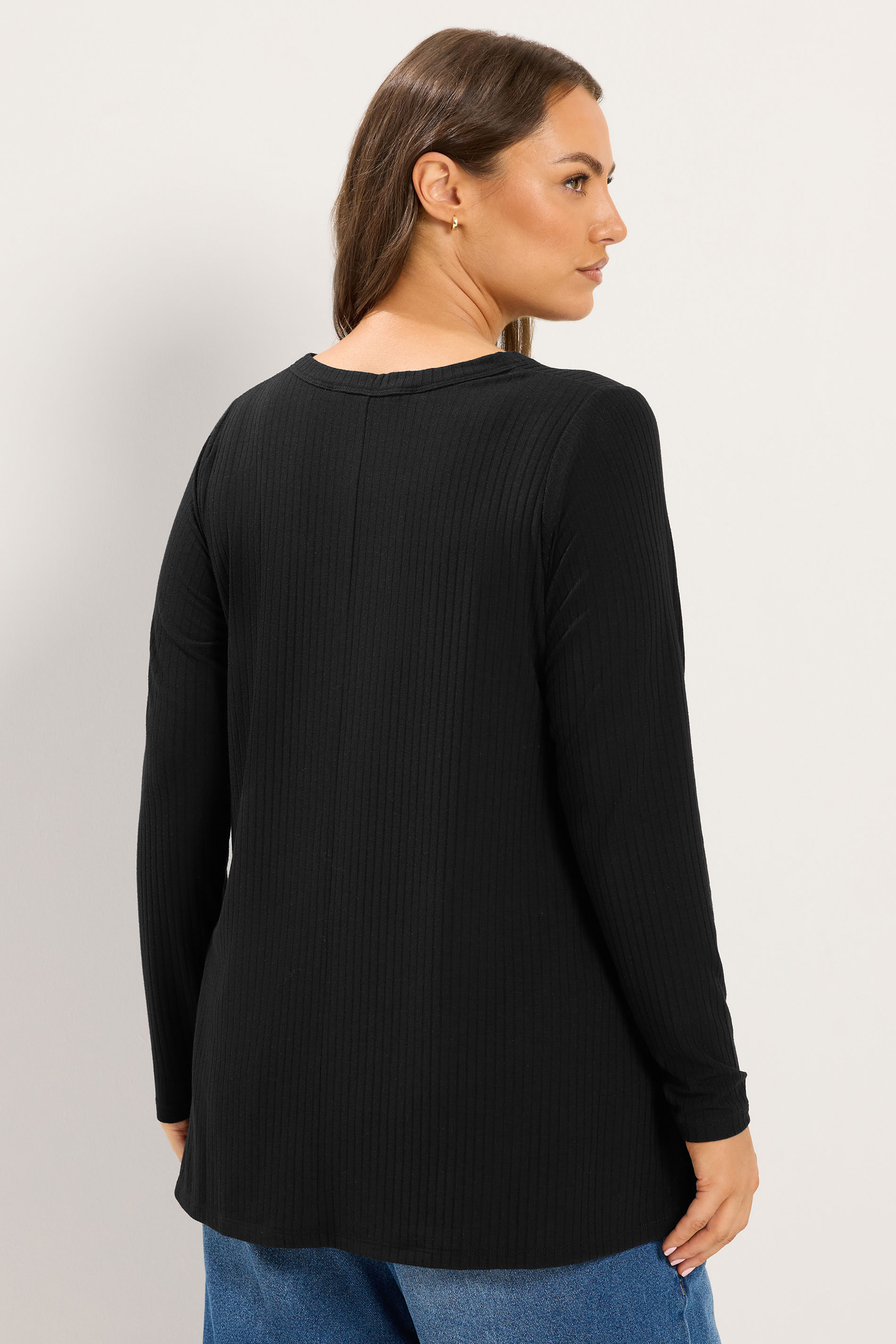 YOURS Plus Size Black Henley Ribbed Swing Top | Yours Clothing 2