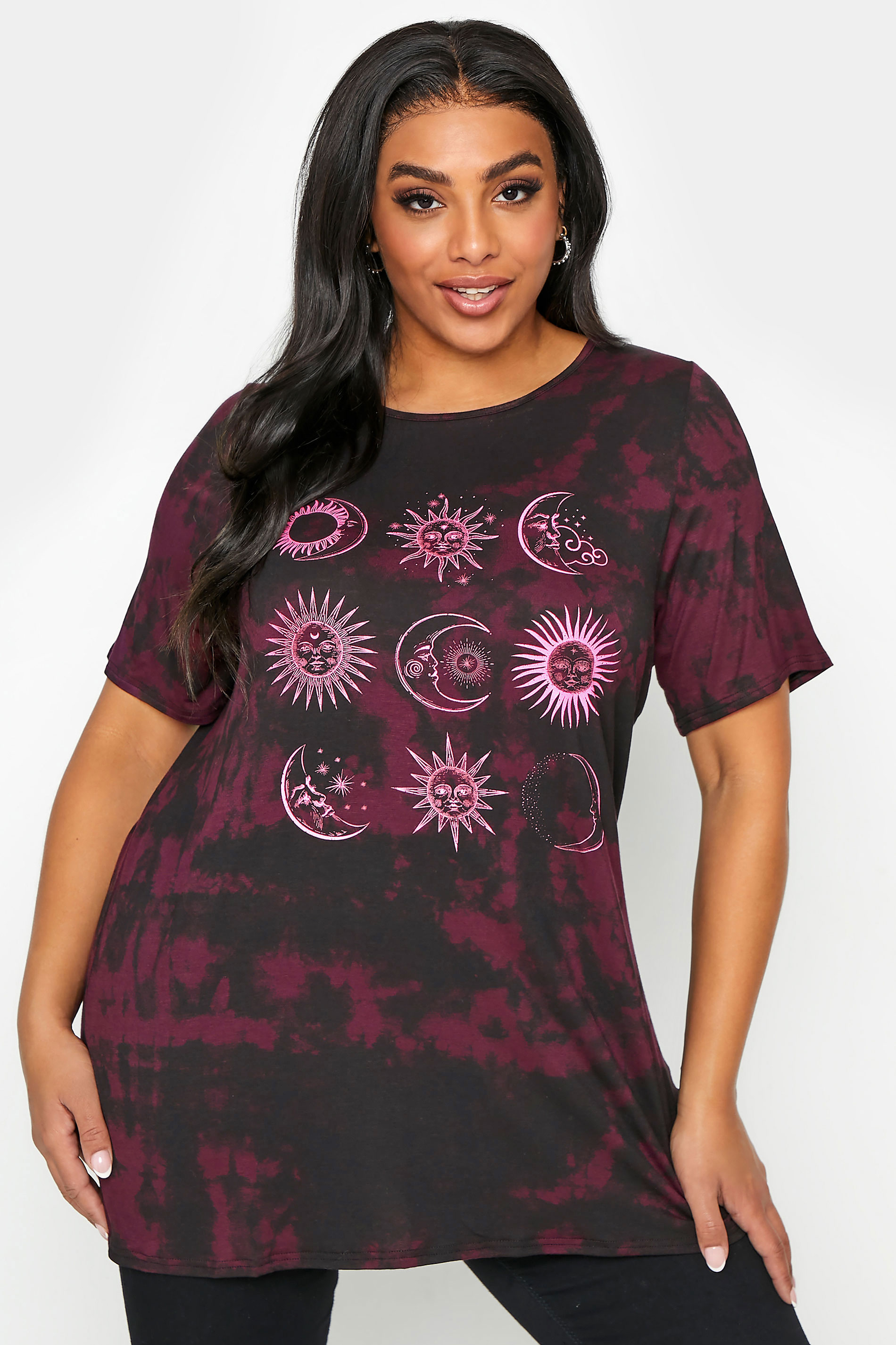 LIMITED COLLECTION Curve Black & Burgundy Red Tie Dye Astrology Print T-Shirt_A.jpg