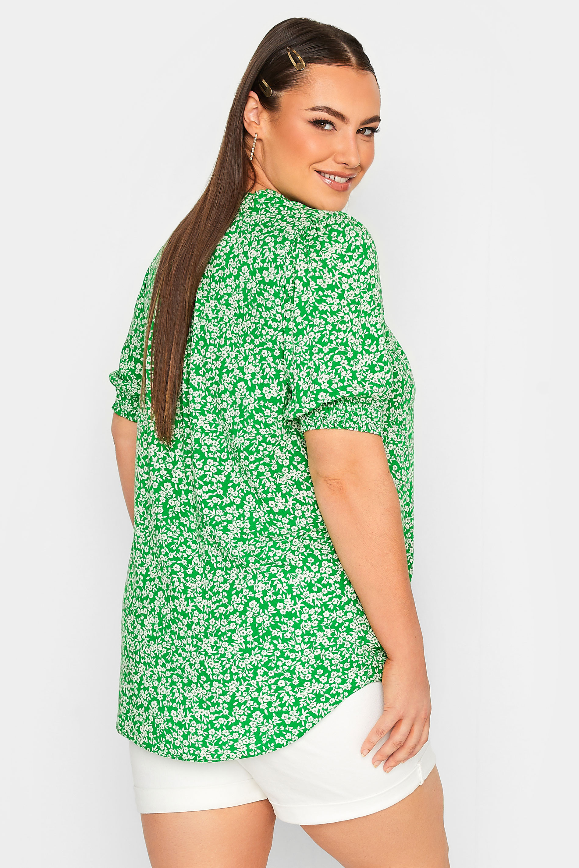 YOURS Plus Size Green Floral Print Tie Neck Blouse | Yours Clothing 3