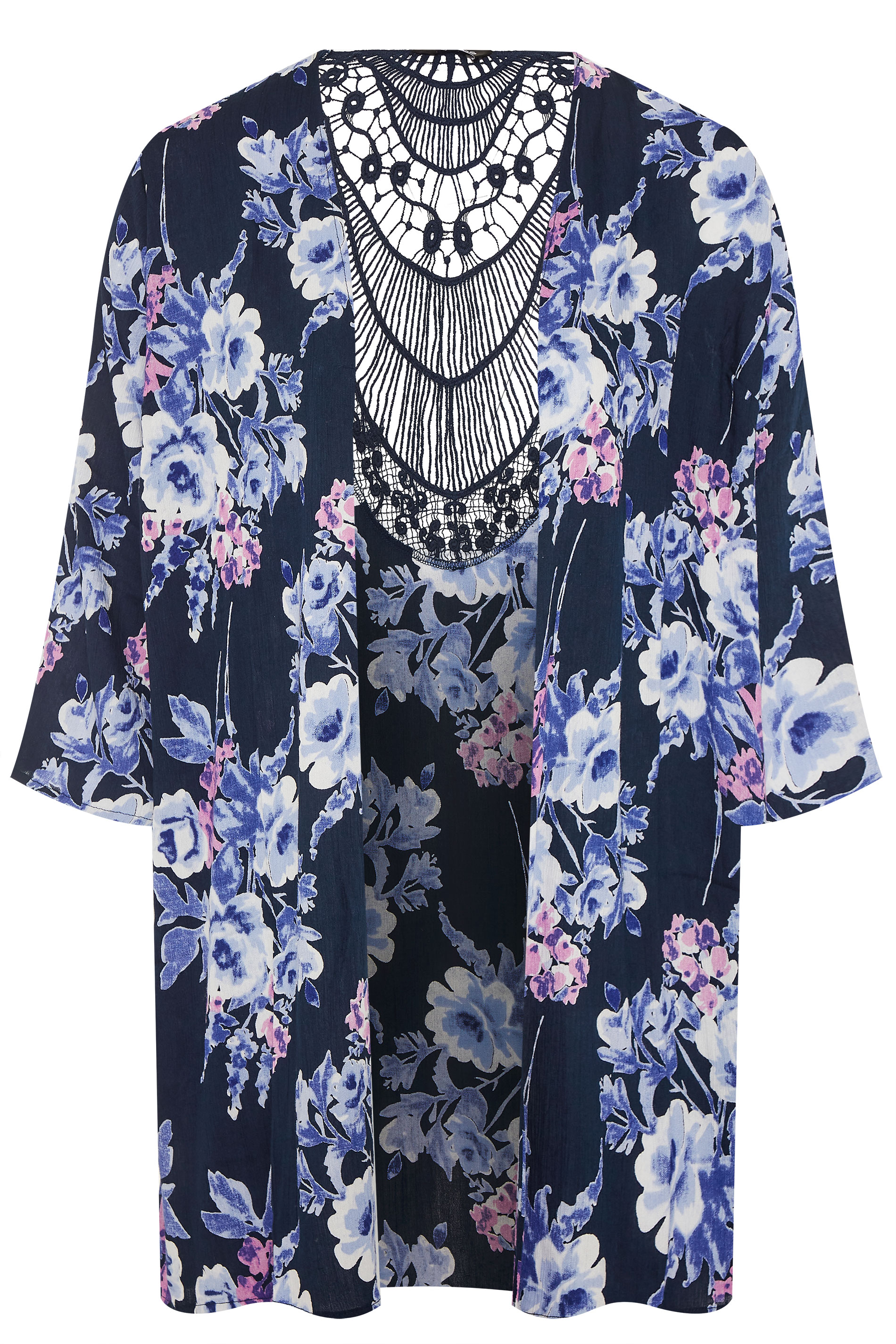 Navy Floral Crochet Back Kimono | Yours Clothing