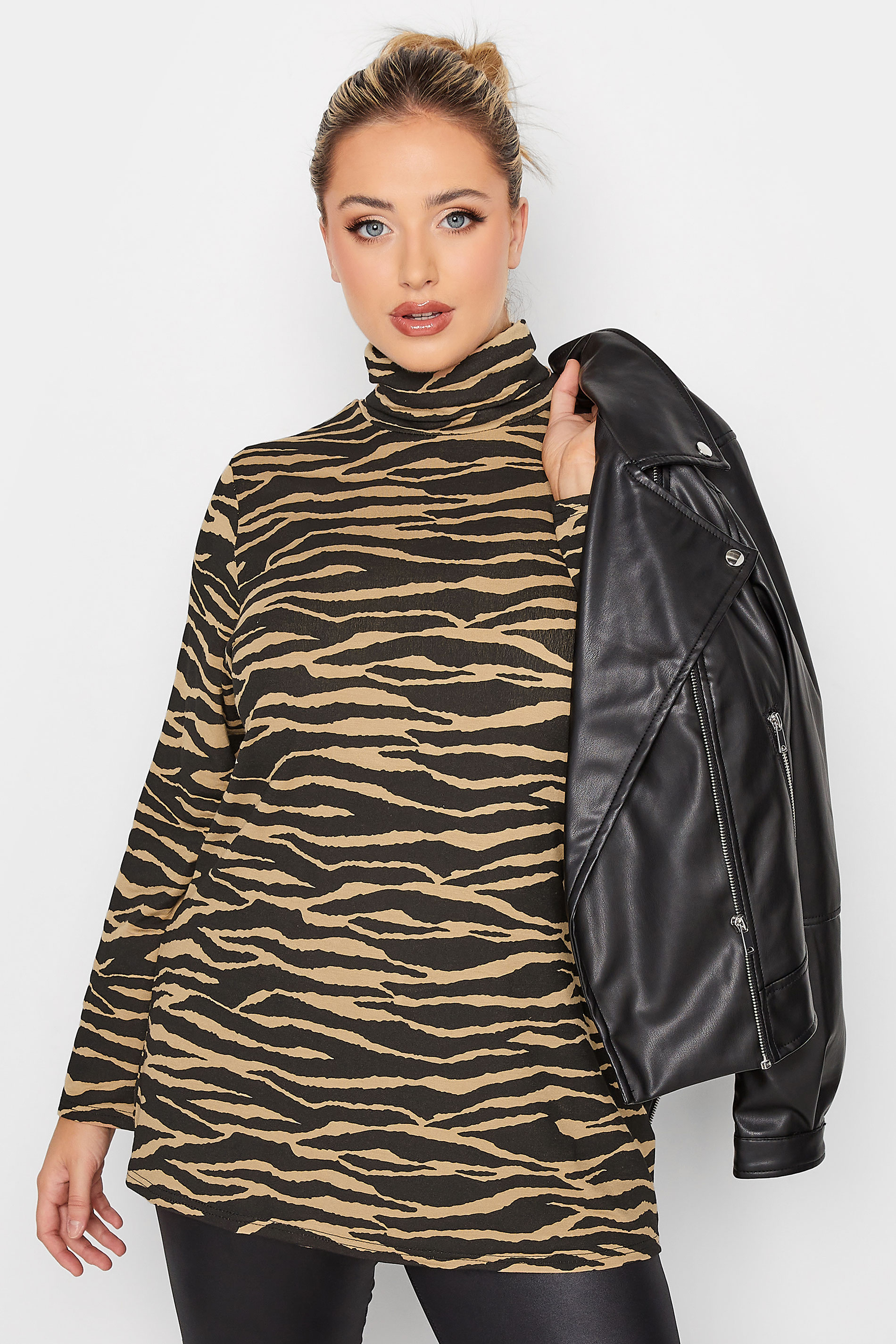 LIMITED COLLECTION Plus Size Black & Brown Zebra Print Turtle Neck Top | Yours Clothing 1