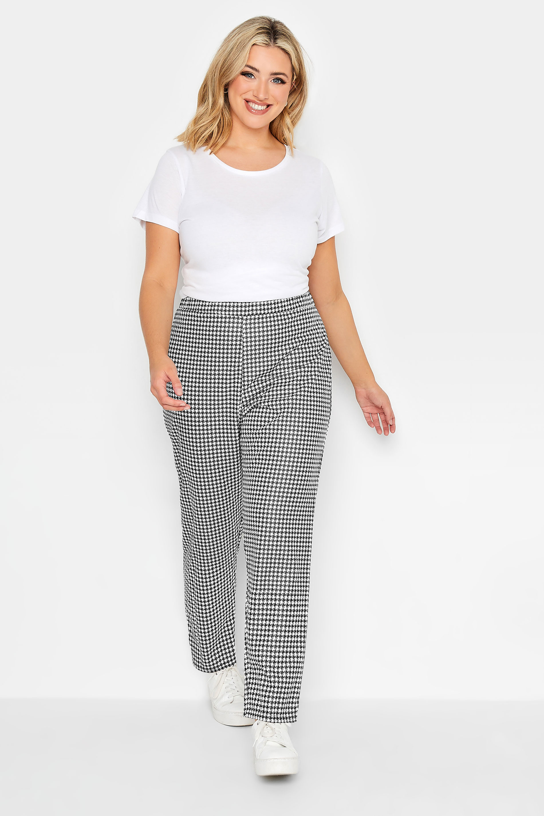 YOURS PETITE Plus Size Black Dogtooth Check Slim Leg Trousers | Yours Clothing 2