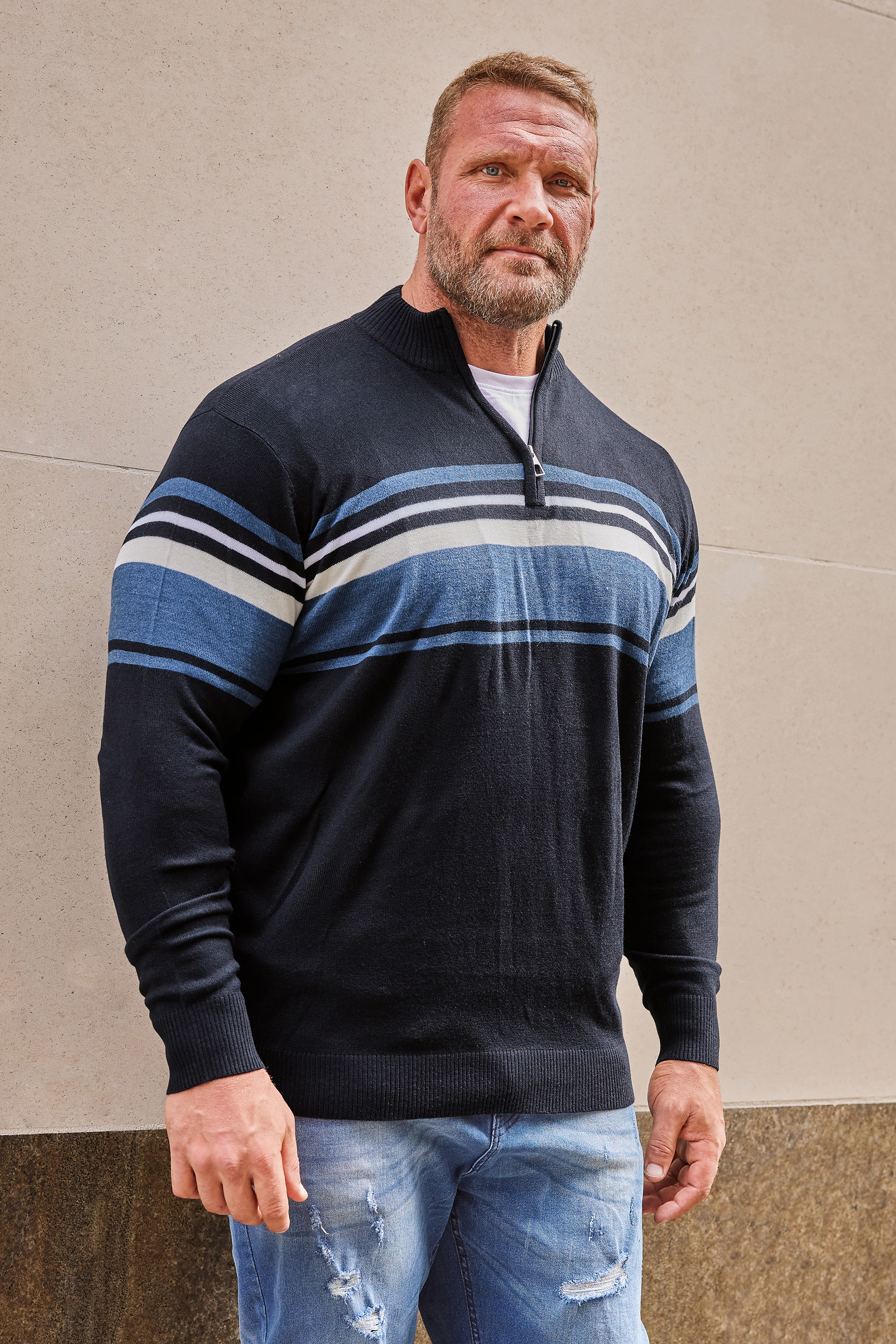 BadRhino Big & Tall Navy Blue Stripe Quarter Zip Knitted Jumper | BadRhino 1