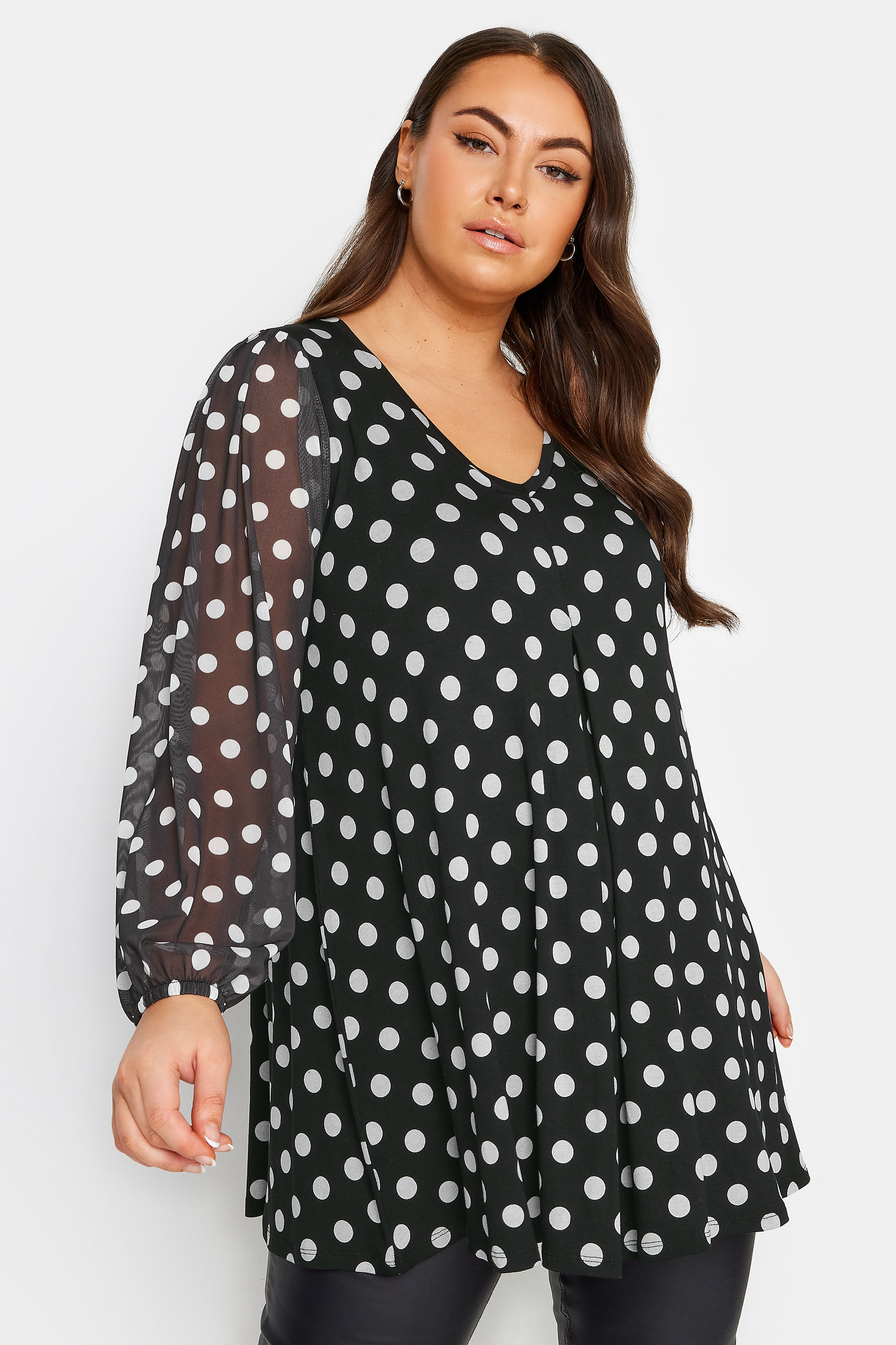 YOURS Plus Size Black Polka Dot Print Mesh Swing Top | Yours Clothing 1