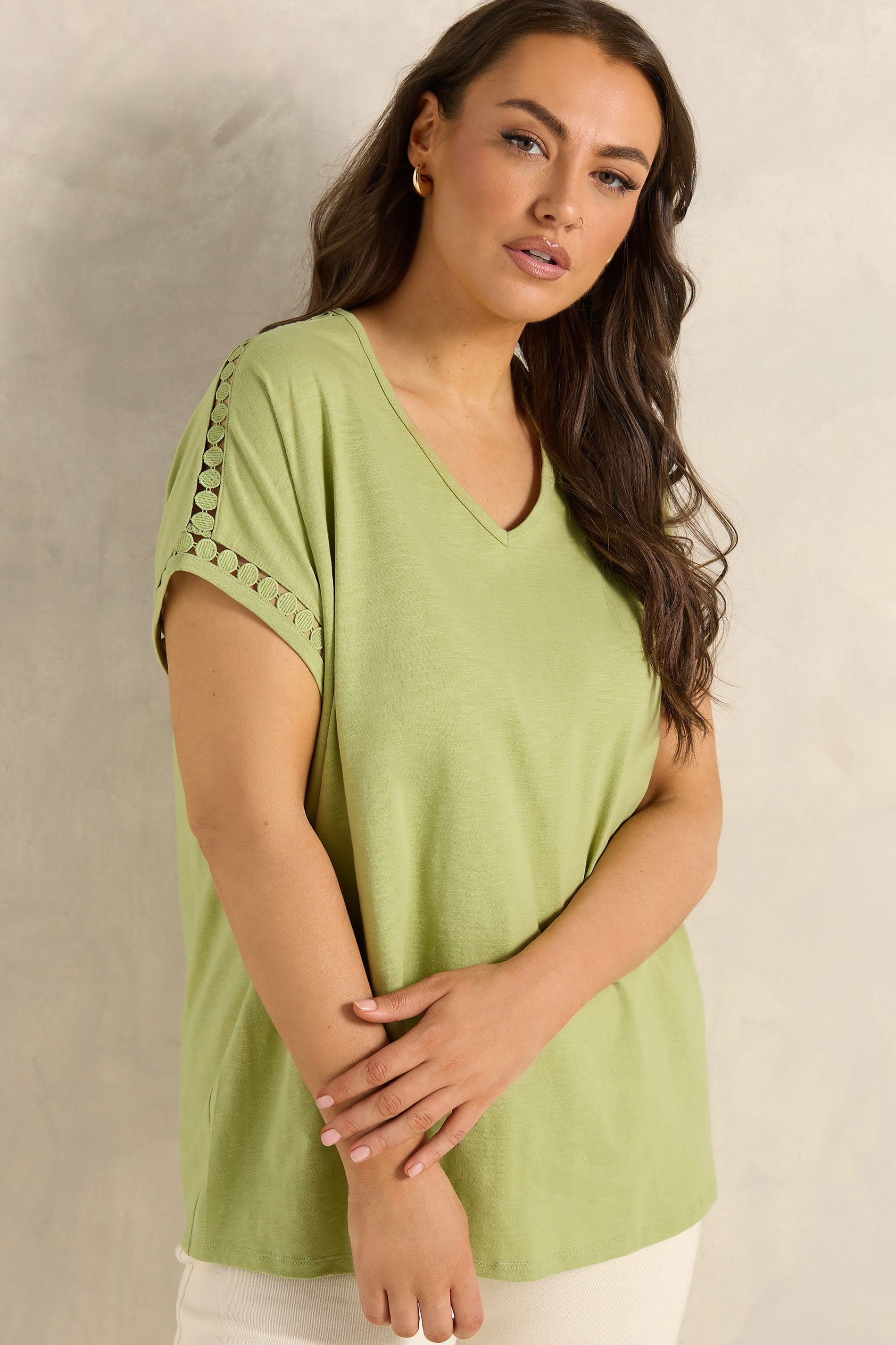 EVANS Plus Size Chartreuse Crochet Trim Cotton V Neck T-Shirt | Evans 3