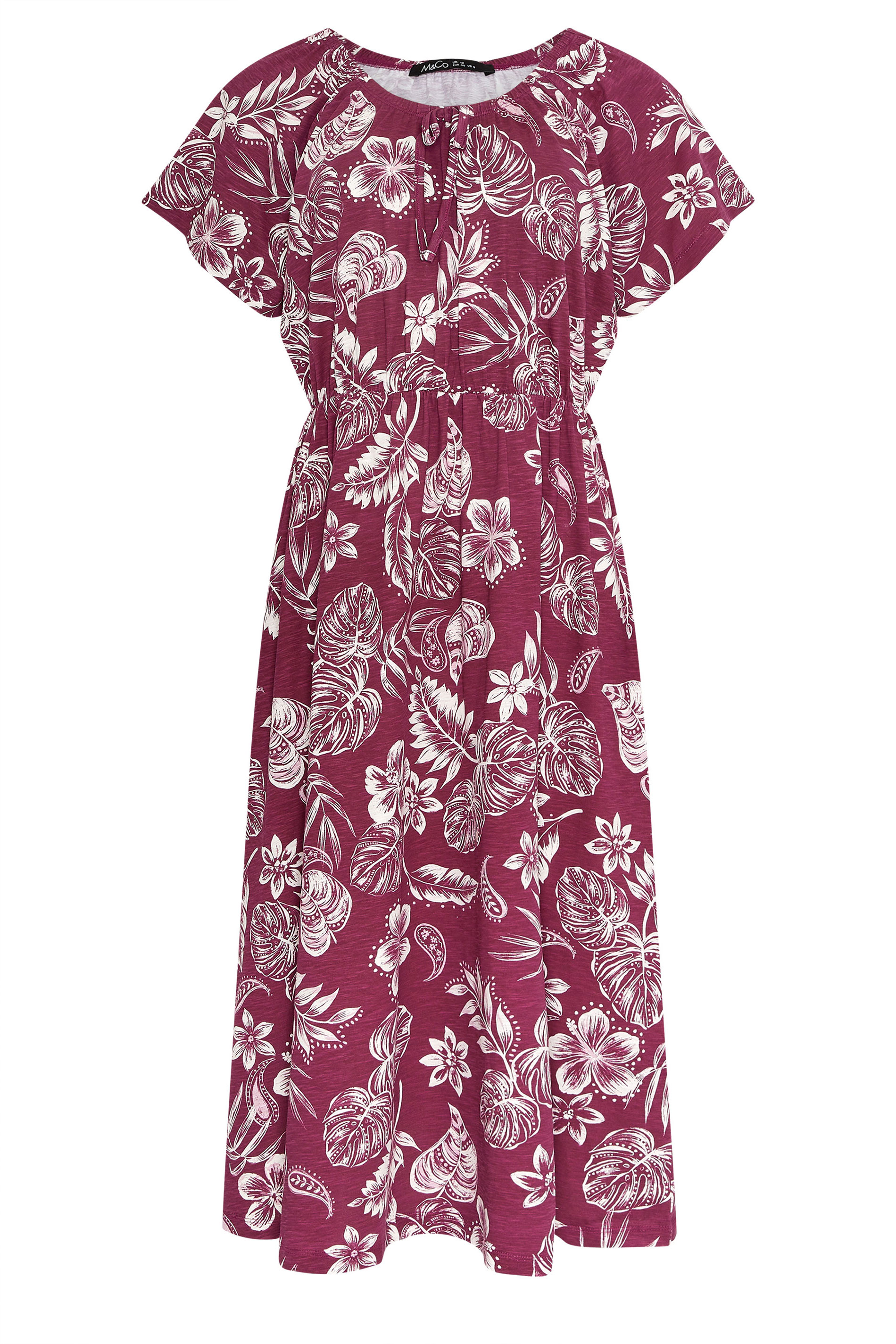 M&Co Berry Red Floral Tie Neck Cotton Midi Dress | M&Co 5