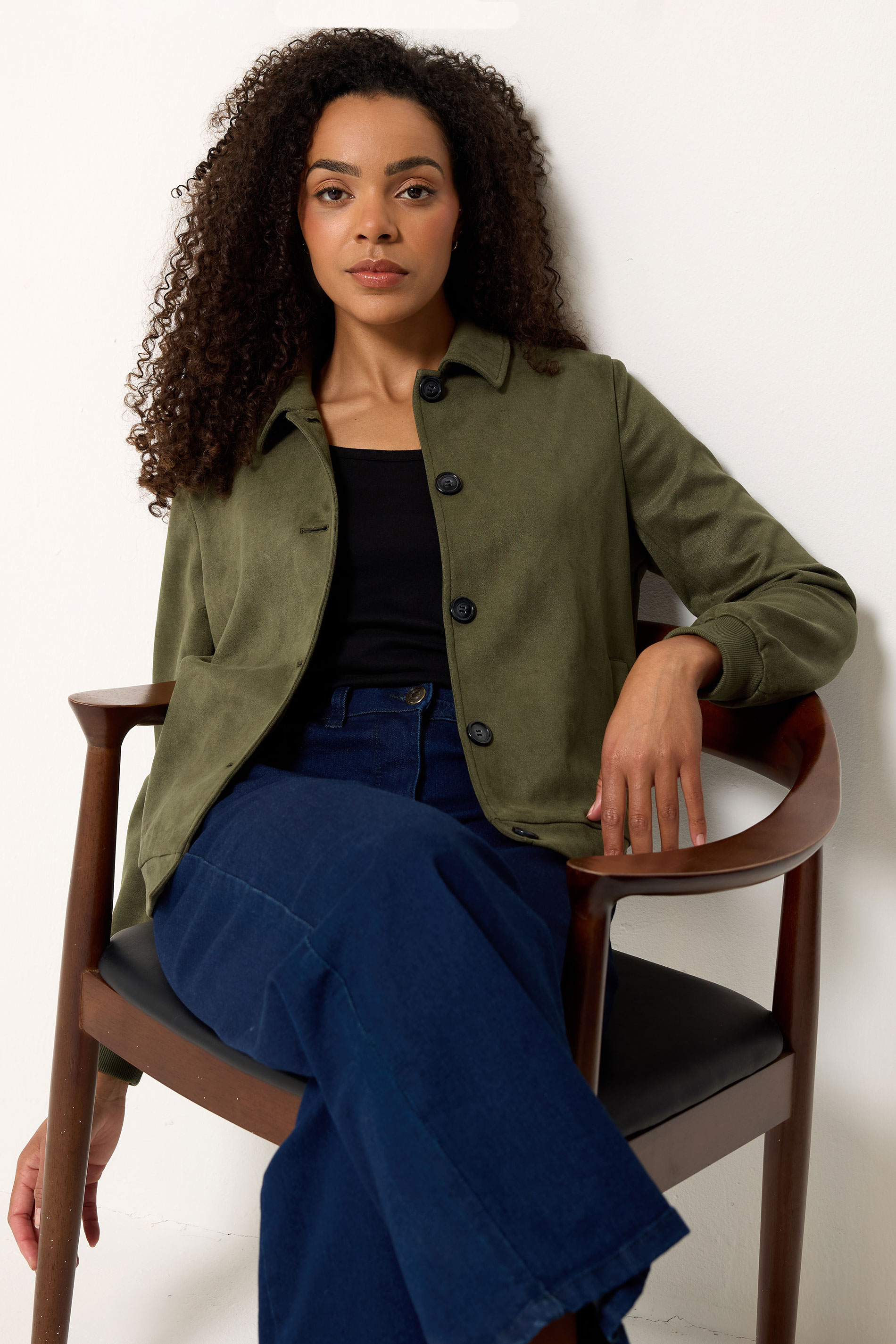 M&Co Khaki Green Button Up Faux Suede Jacket | M&Co 3