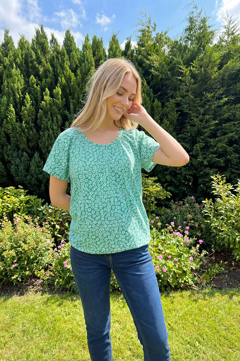 M&Co Green Floral Cotton Scoop Neck Top | M&Co 3