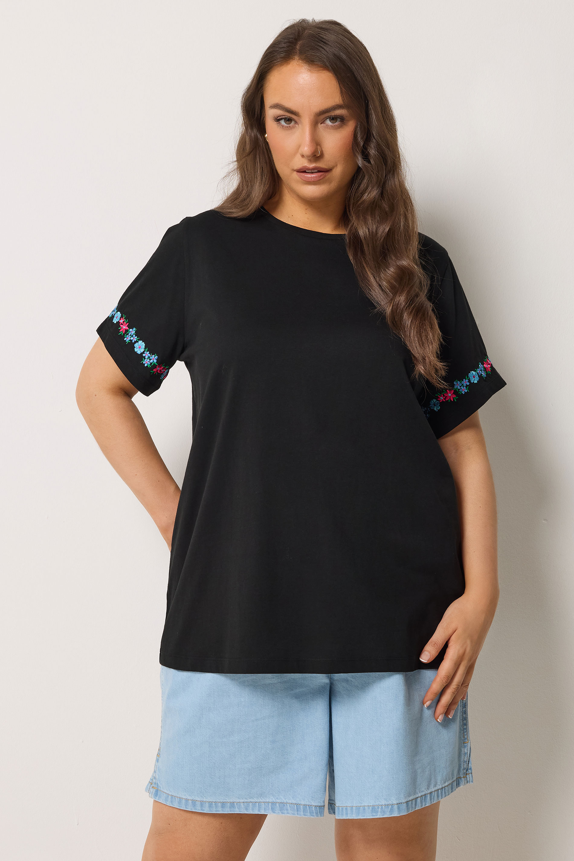 YOURS Plus Size Black Embroidered Floral Sleeve Detail T-Shirt | Yours Clothing 1