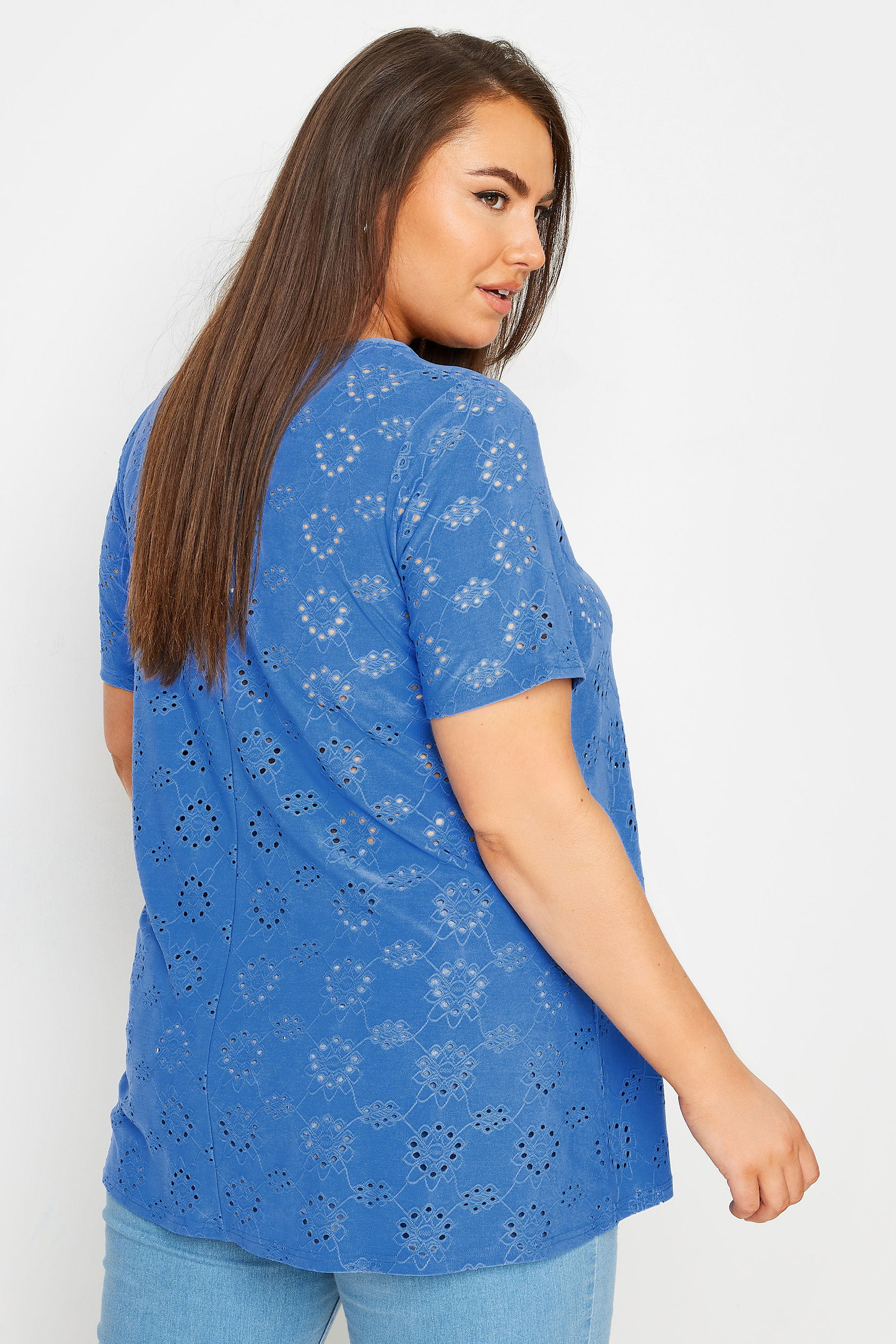 YOURS Plus Size Blue Broderie Anglaise Swing T-Shirt | Yours Clothing 3