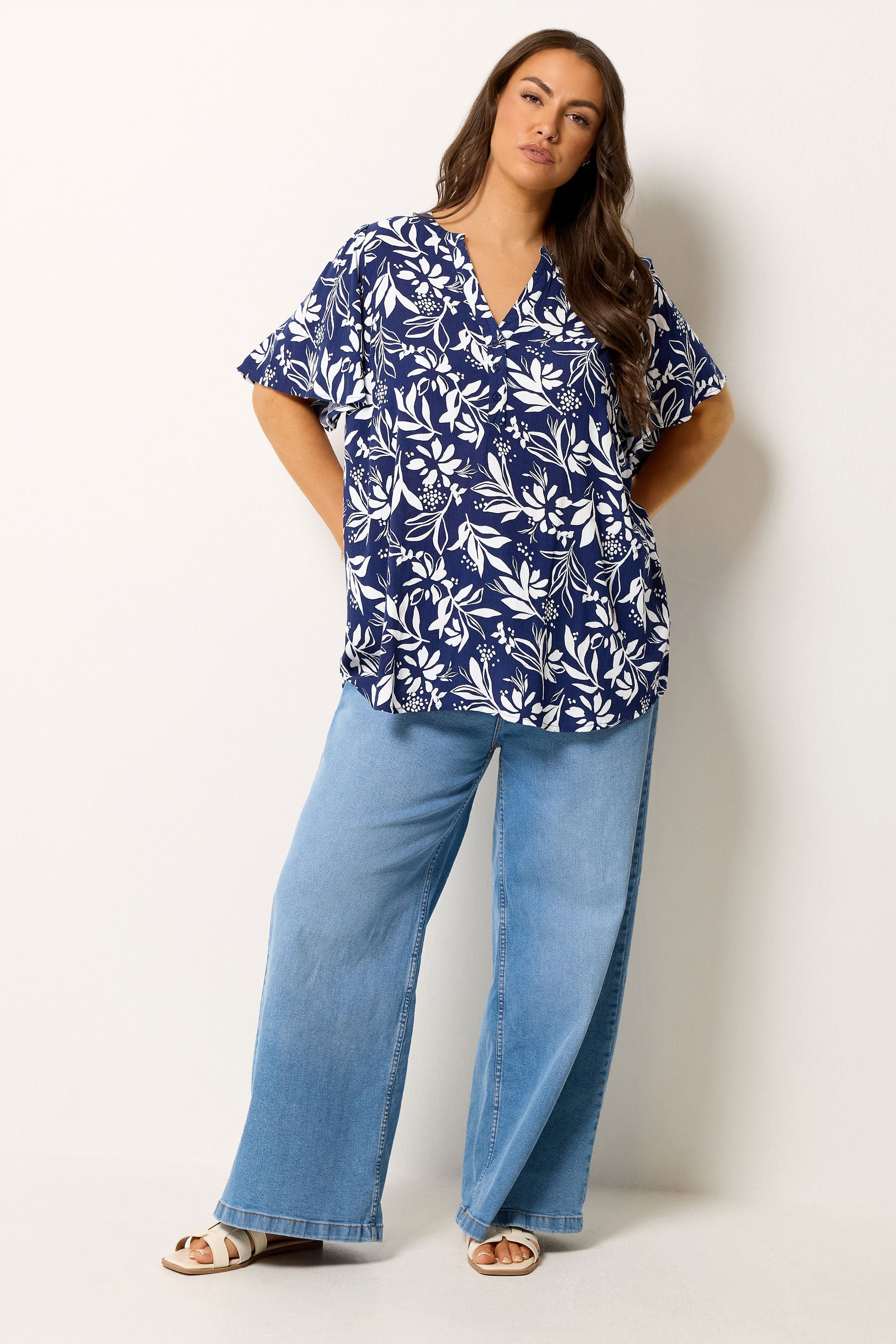 YOURS Plus Size Navy Blue Leaf Notch Neck Top | Yours Clothing 1