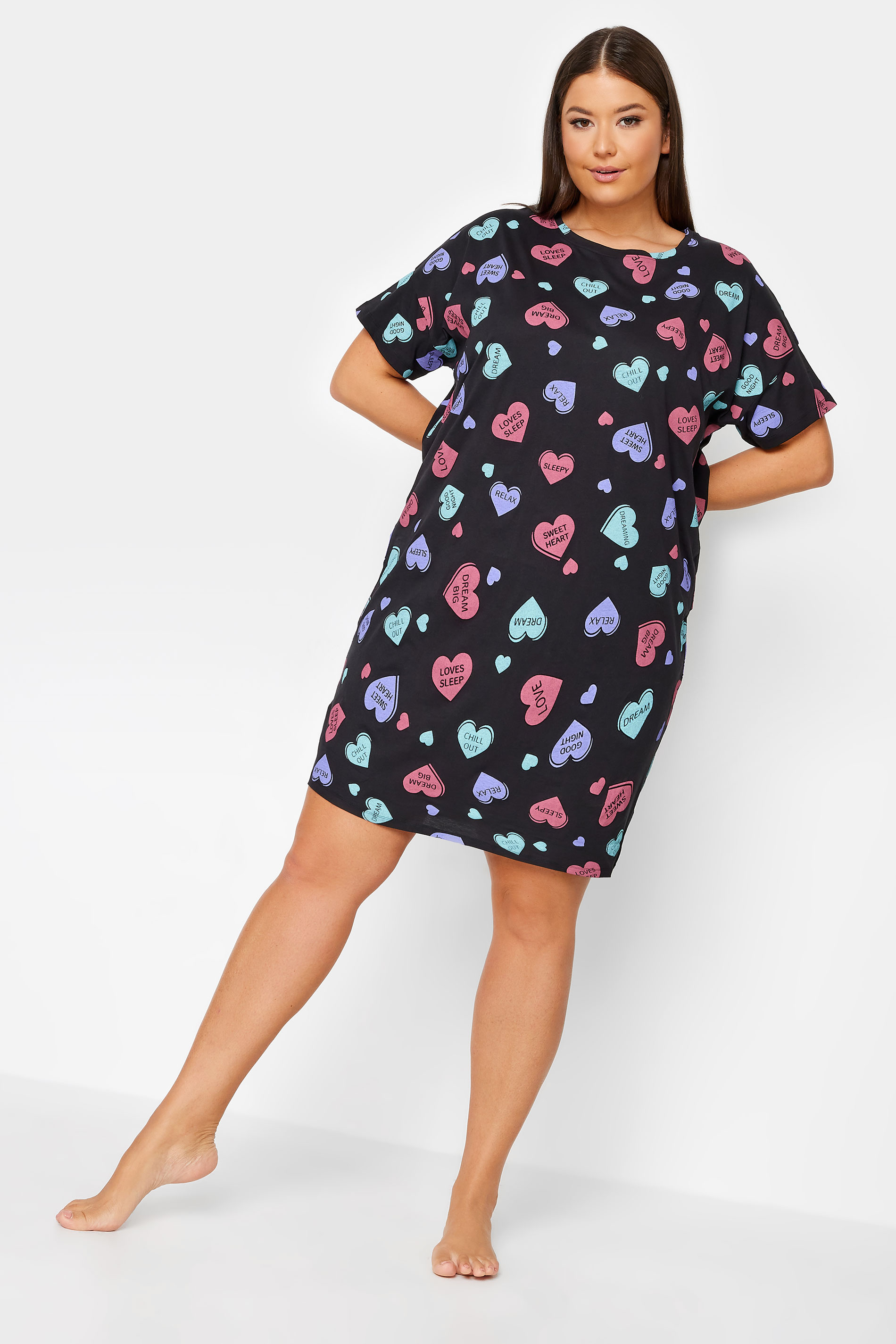 YOURS Curve Black Love Hearts Nightdress | Yours Clothing 2