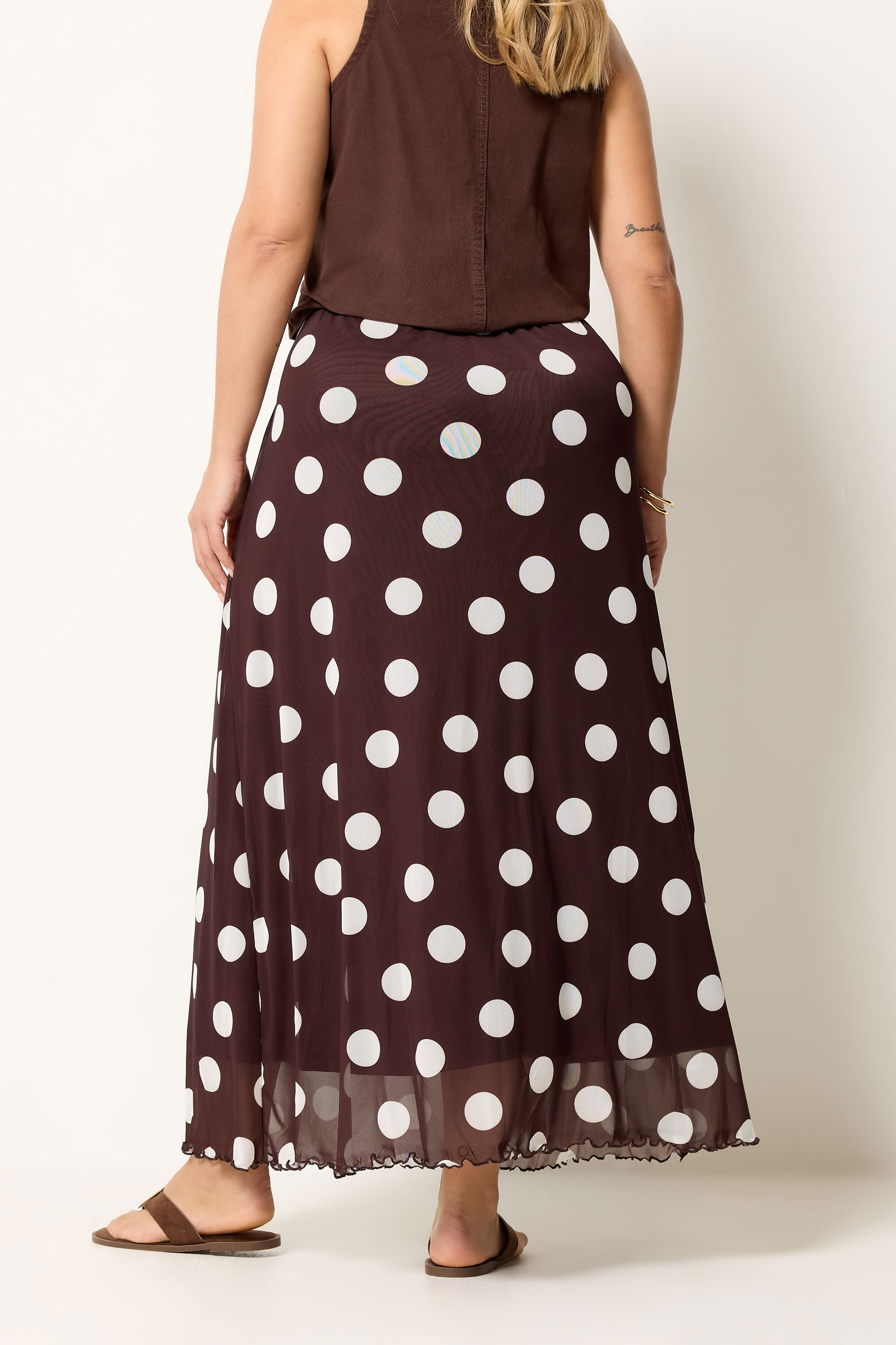 YOURS Plus Size Chocolate Brown Polka Dot Mesh Skirt | Yours Clothing 2