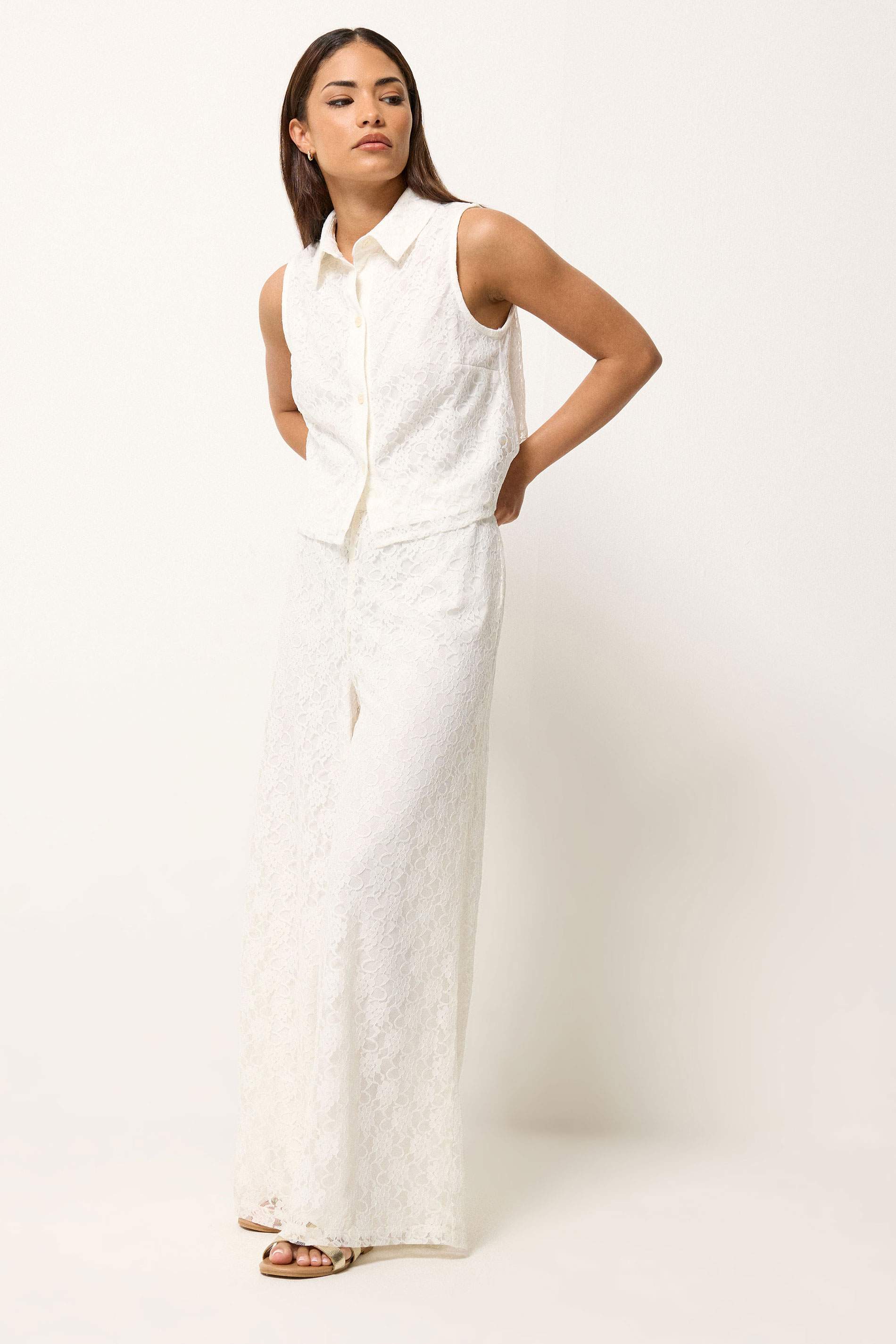 PixieGirl Petite Women's Set White Lace Lined Shirt & Wide Leg Trousers | PixieGirl 1