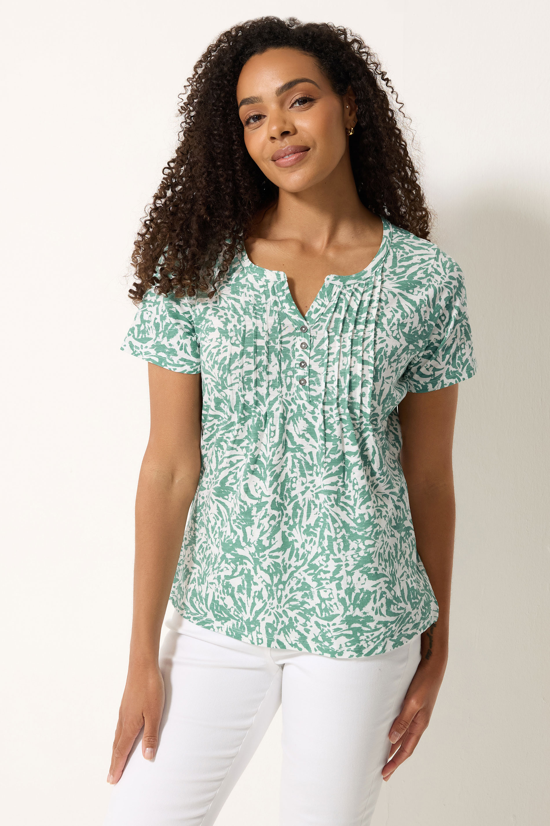 M&Co Green Abstract Print Cotton Henley Top | M&Co 3