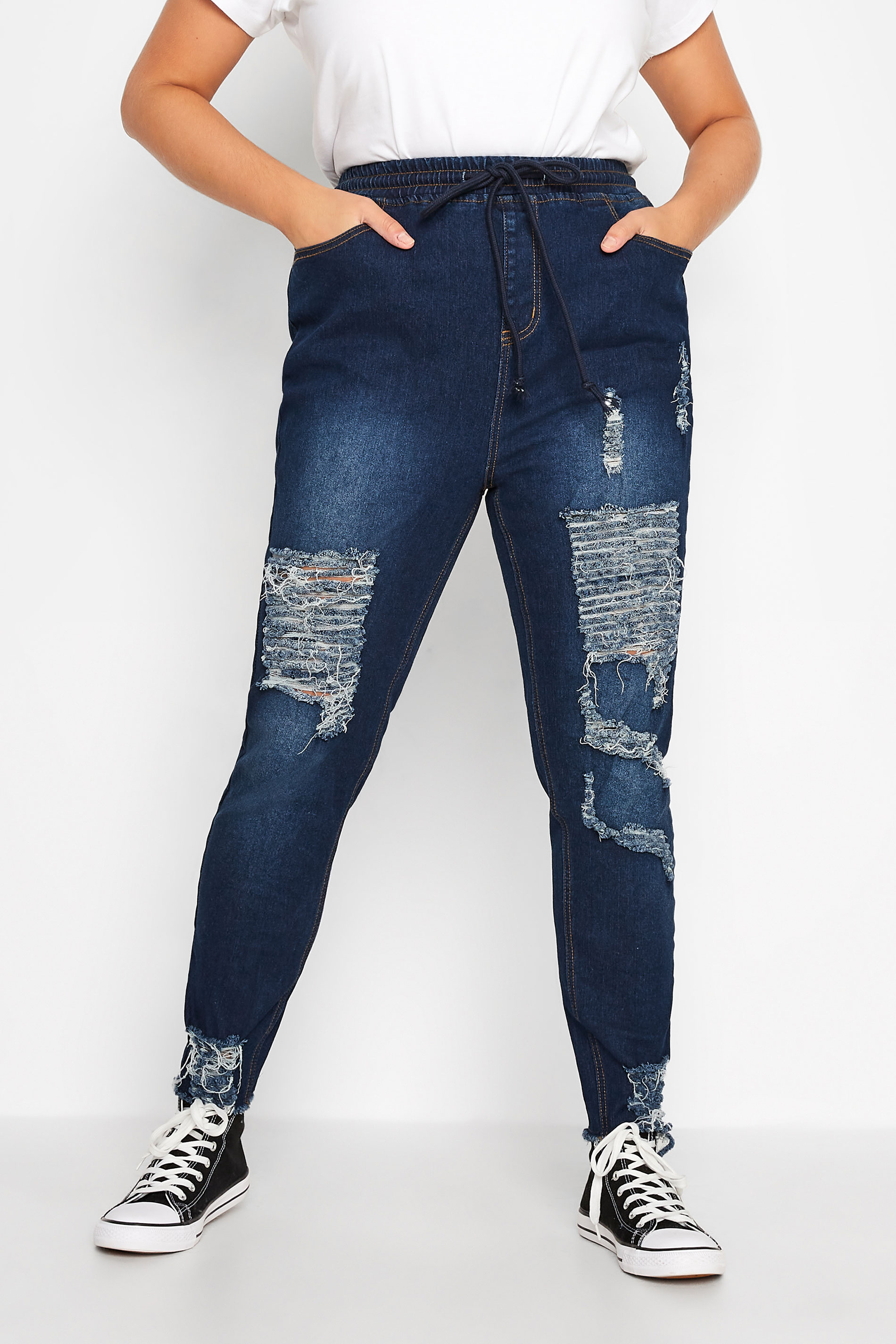 Plus Size Blue Elasticated Waist Ripped Skinny AVA Jeans | Yours Clothing  1