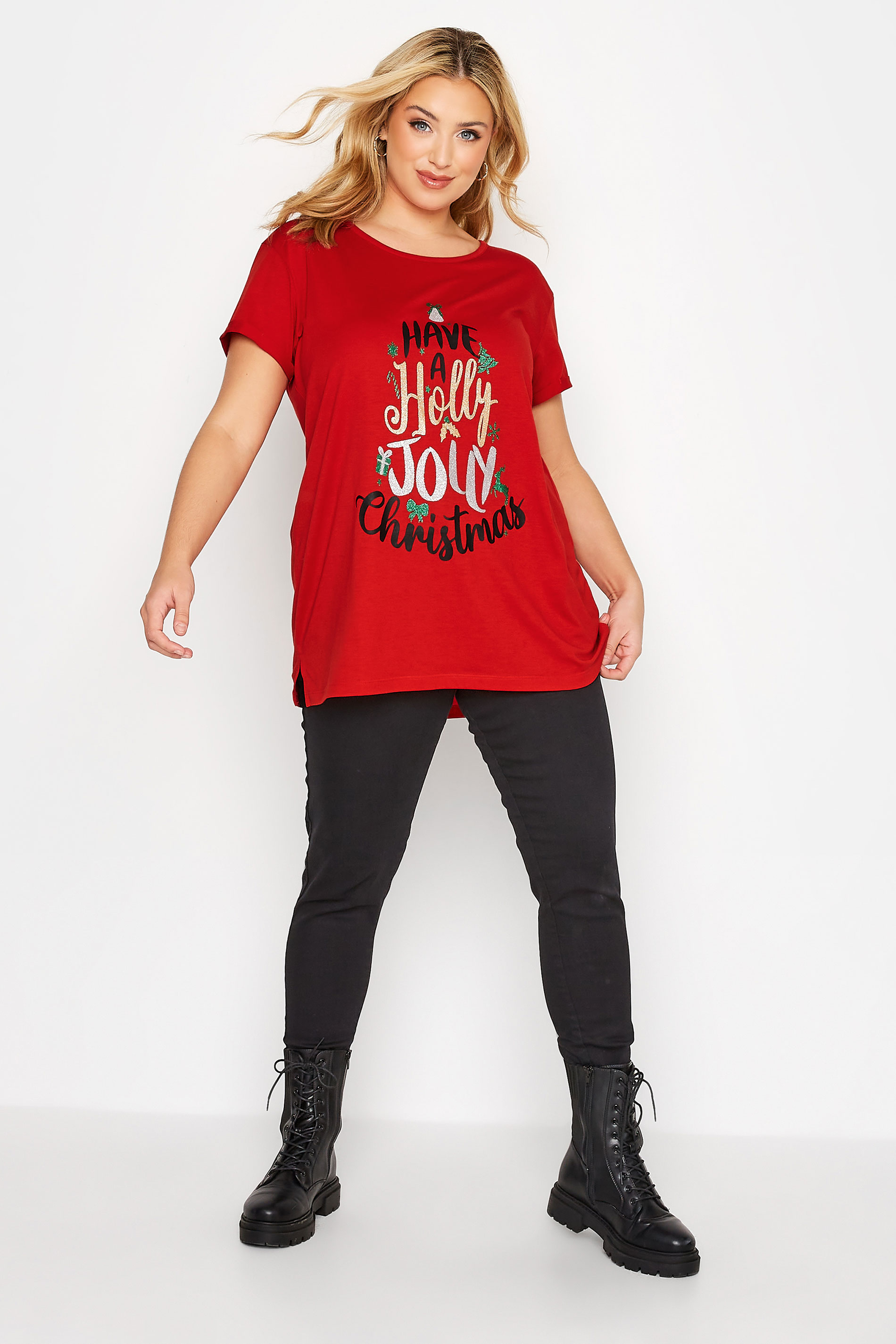 Plus Size Red 'Holly Jolly' Glitter Slogan Christmas T-Shirt | Yours Clothing 2