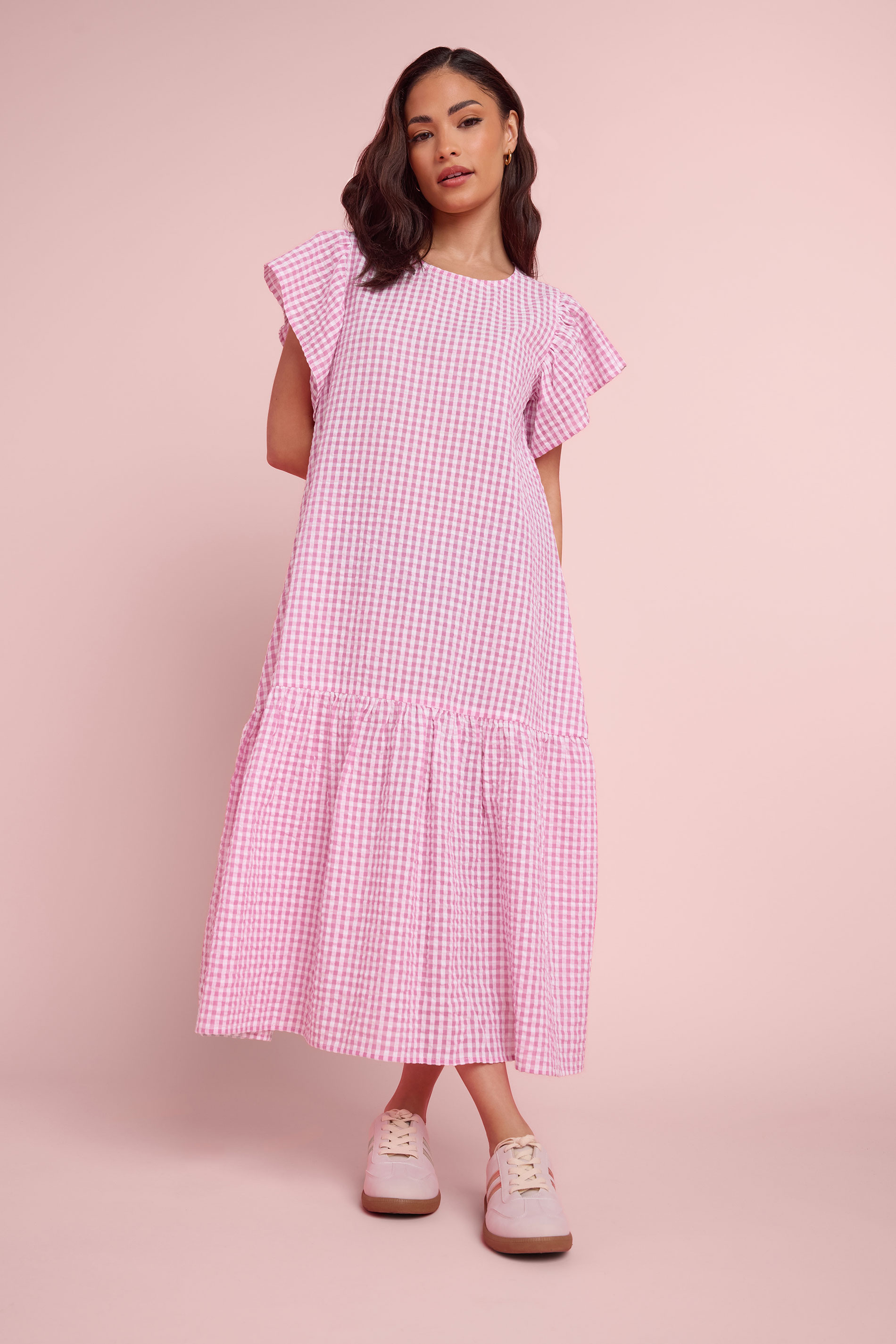PixieGirl Petite Women's Pink Gingham Drop Waist Midi Dress | PixieGirl 3