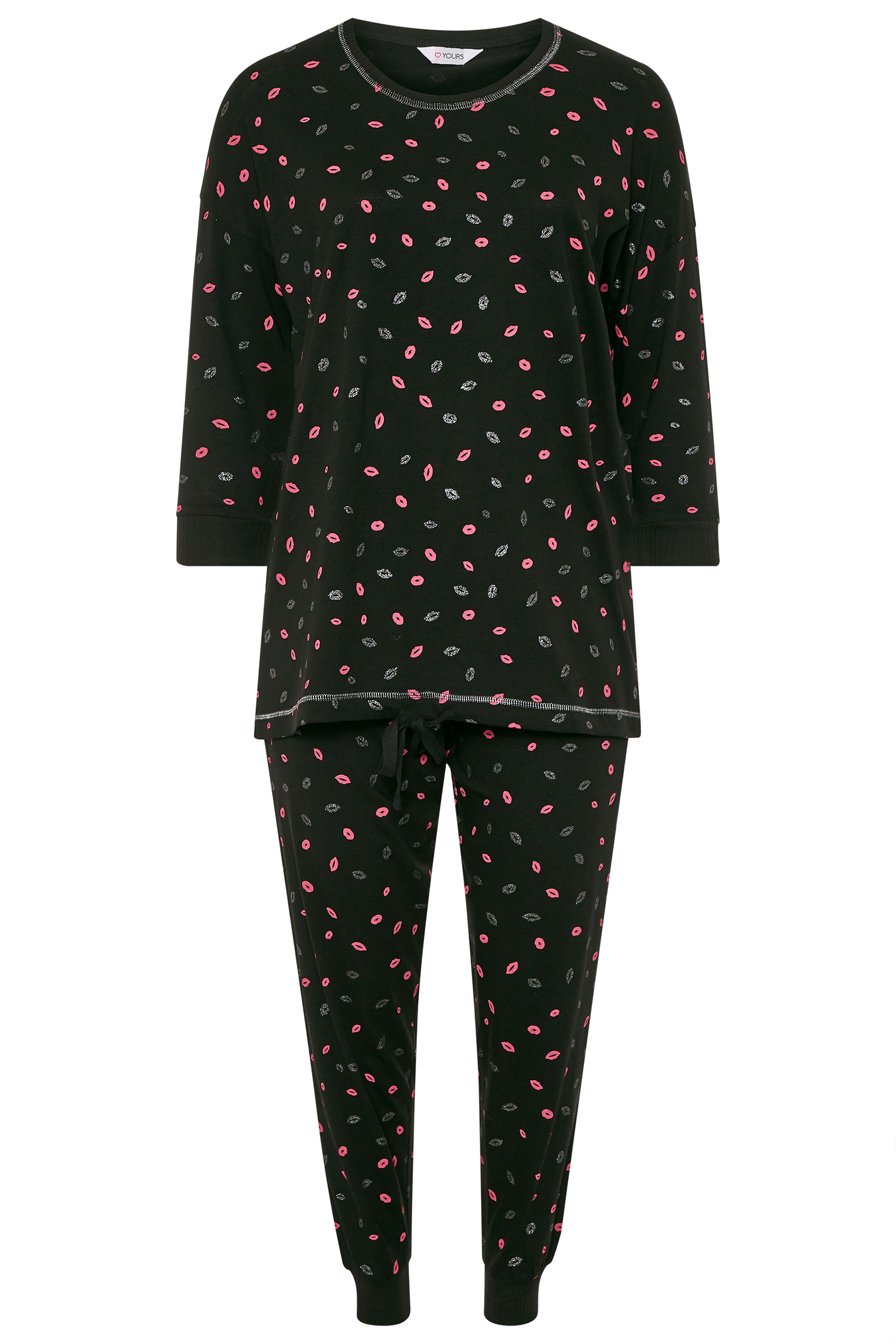 Black Glitter Lips Print Drawstring Pyjama Set | Yours Clothing