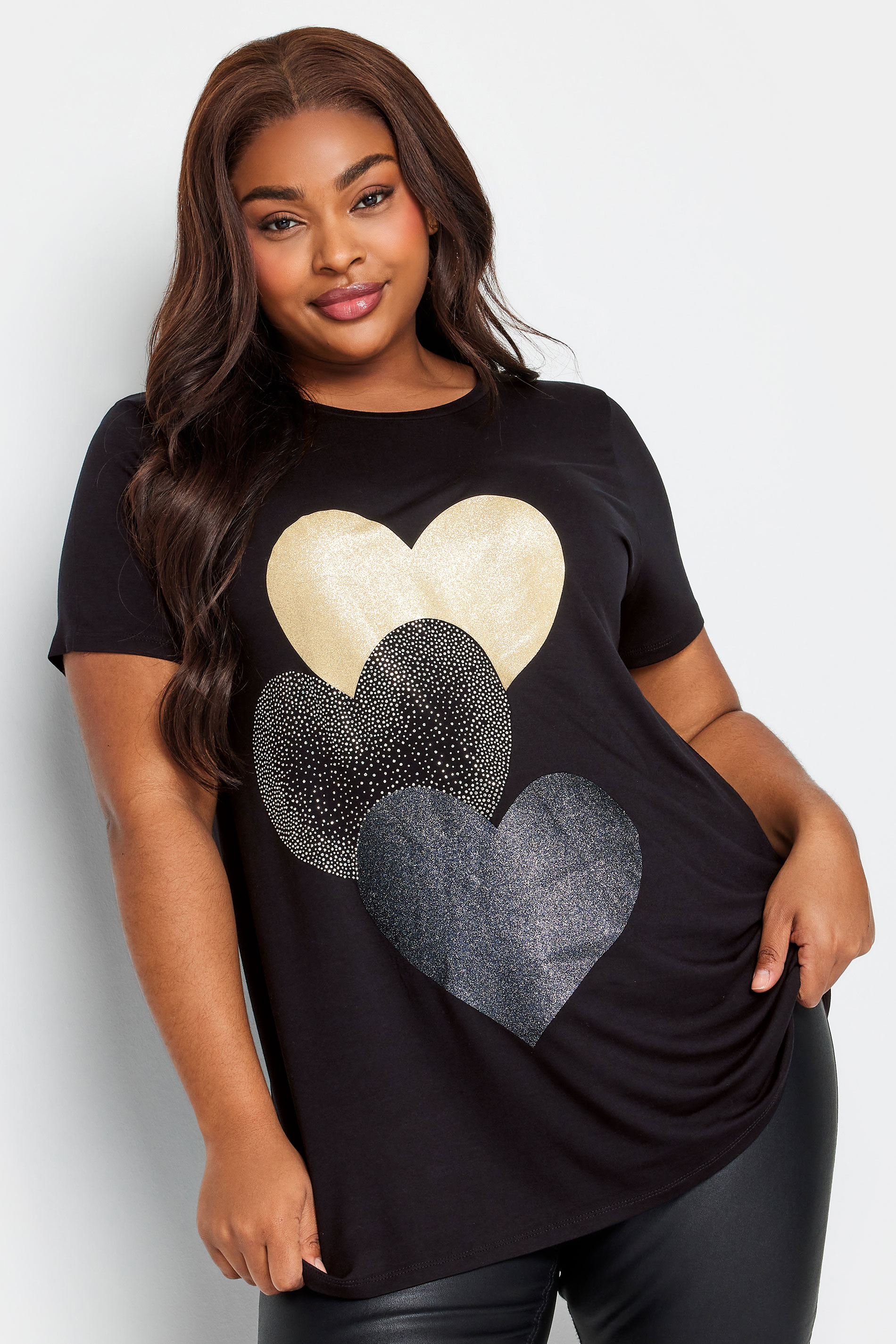 YOURS Curve Plus Size Black Glitter Heart Print T-Shirt | Yours Clothing  1