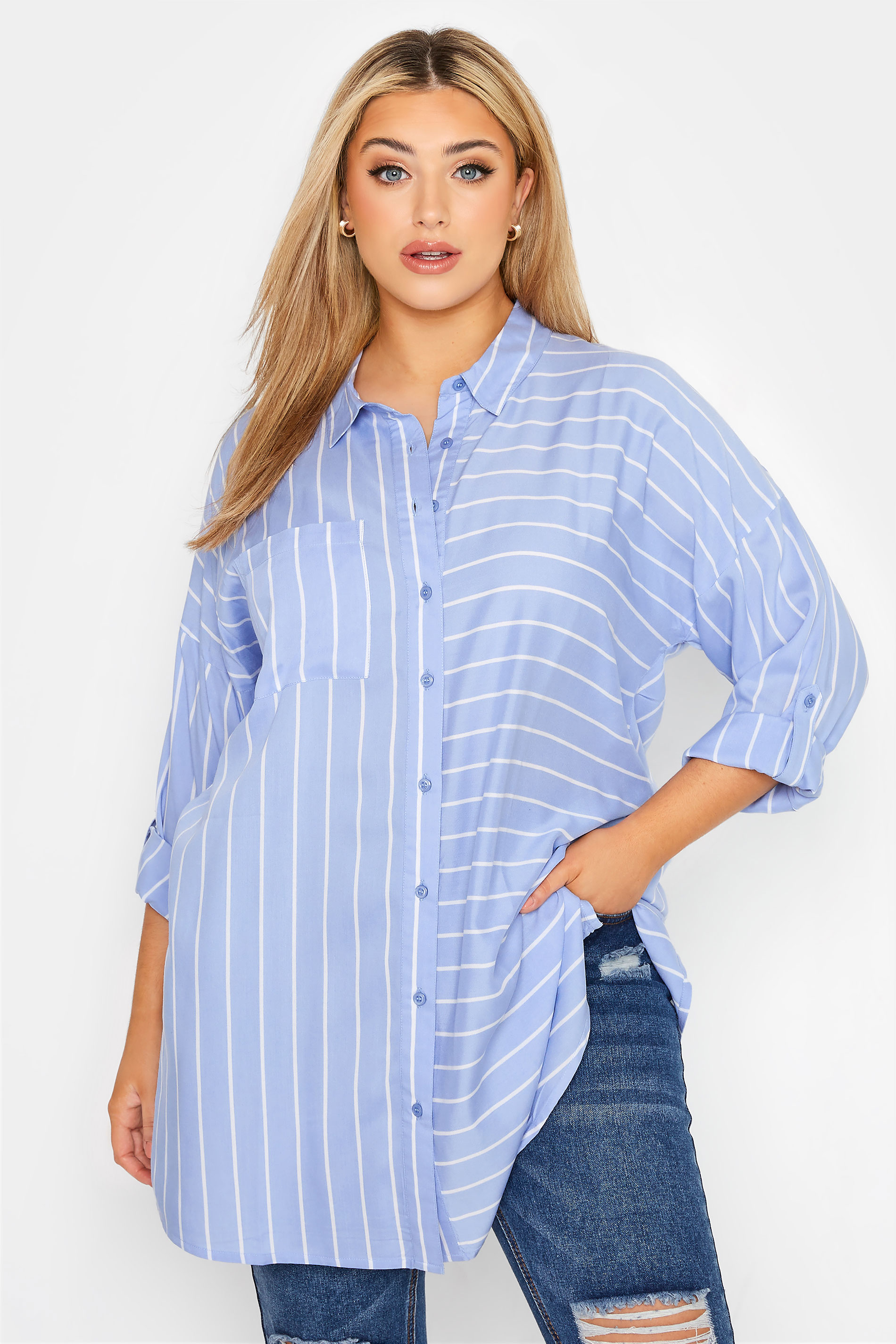 Plus Size Blue Stripe Oversized Shirt | Yours Clothing  1
