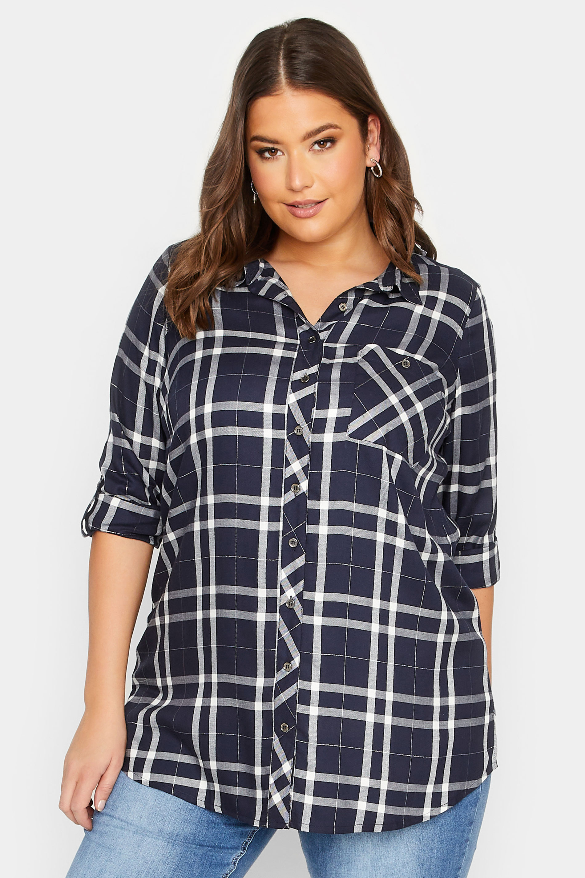 YOURS Plus Size Curve Navy Blue Check Boyfriend Shirt | Yours Clothing  1