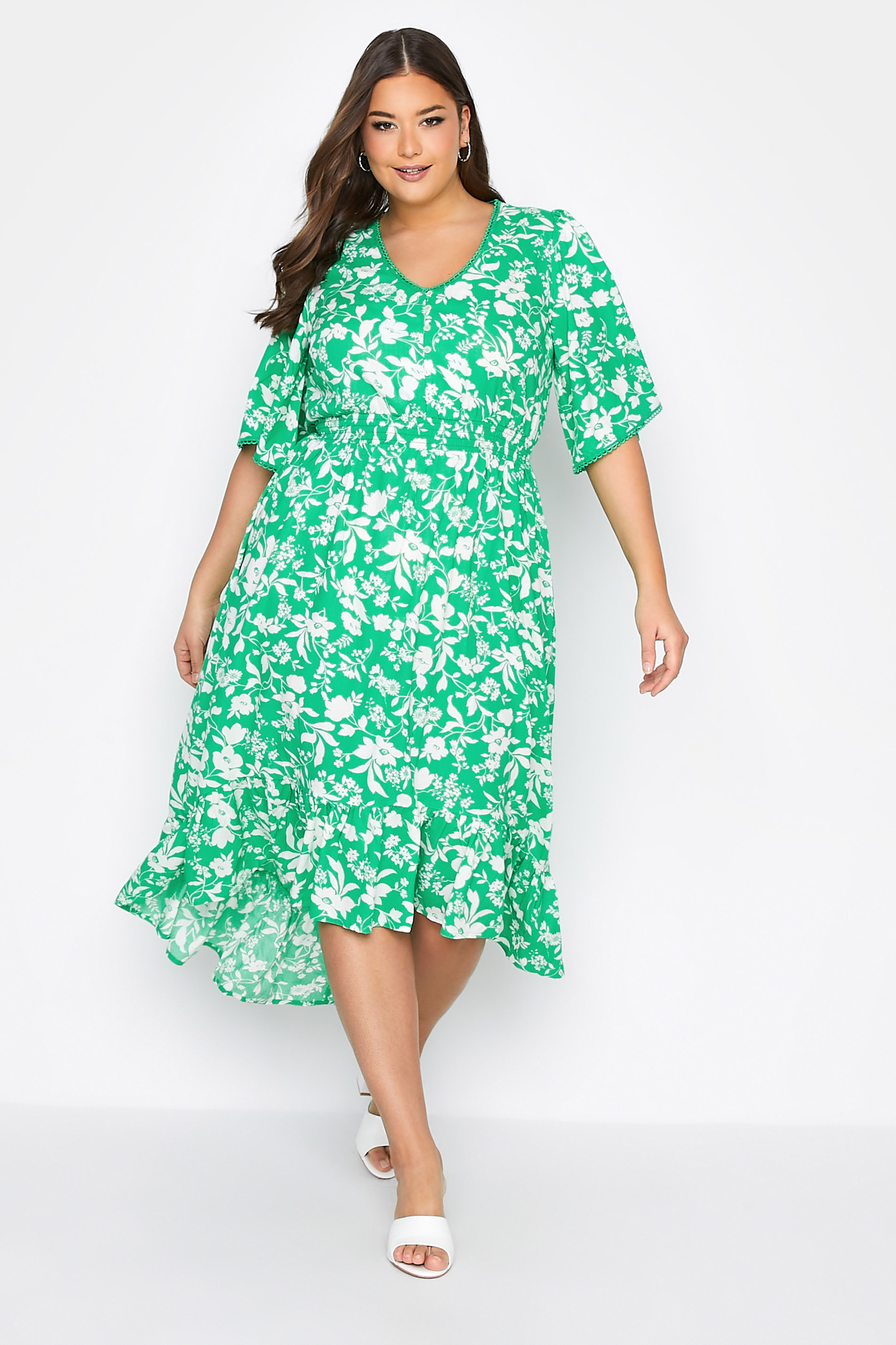 Plus Size Green Floral Dipped Hem Dress | Yours Clothing 2