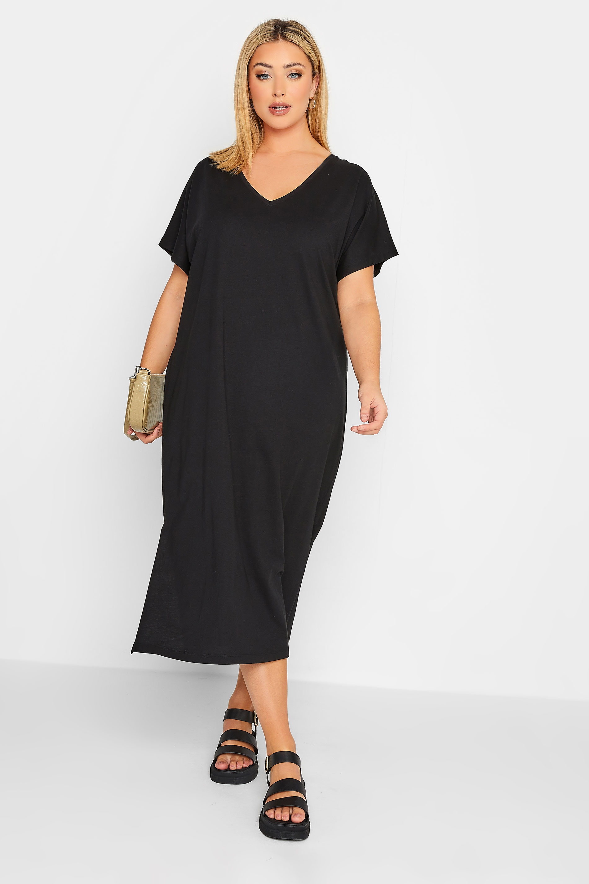 YOURS Plus Size Black Side Split Midaxi T-Shirt Dress | Yours Clothing 1