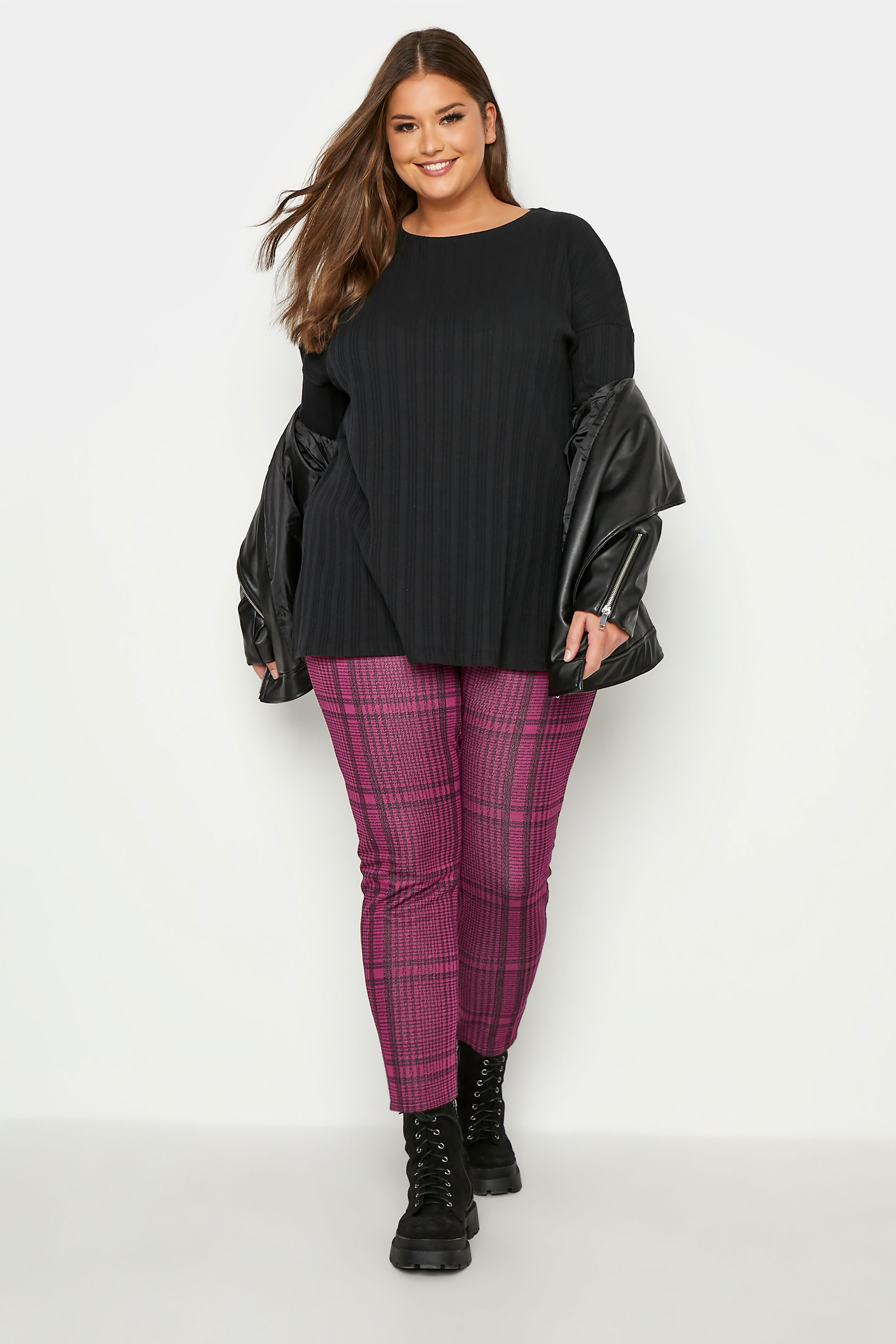 Curve Berry Pink Dogtooth Check Knitted Leggings_A.jpg