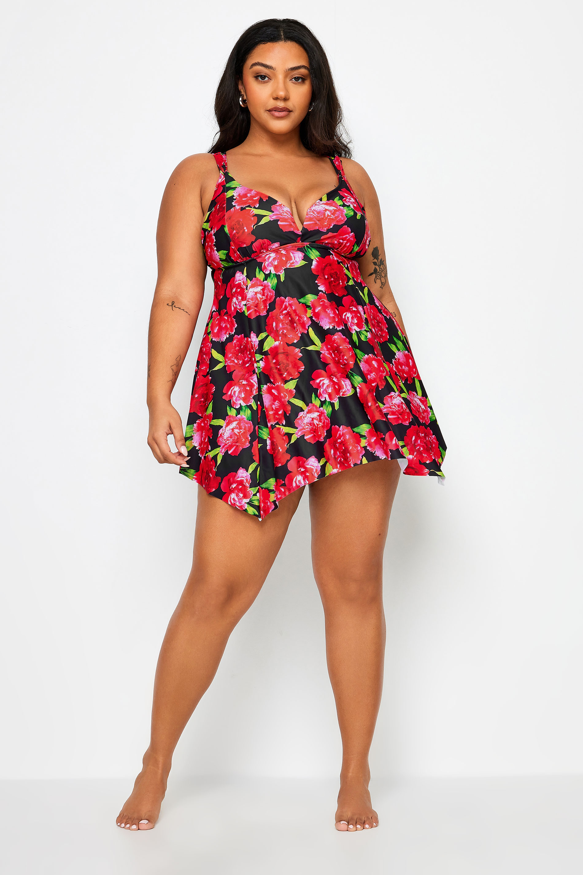 YOURS Plus Size Red Floral Print Hanky Hem Swim Dress | Yours Clothing 2