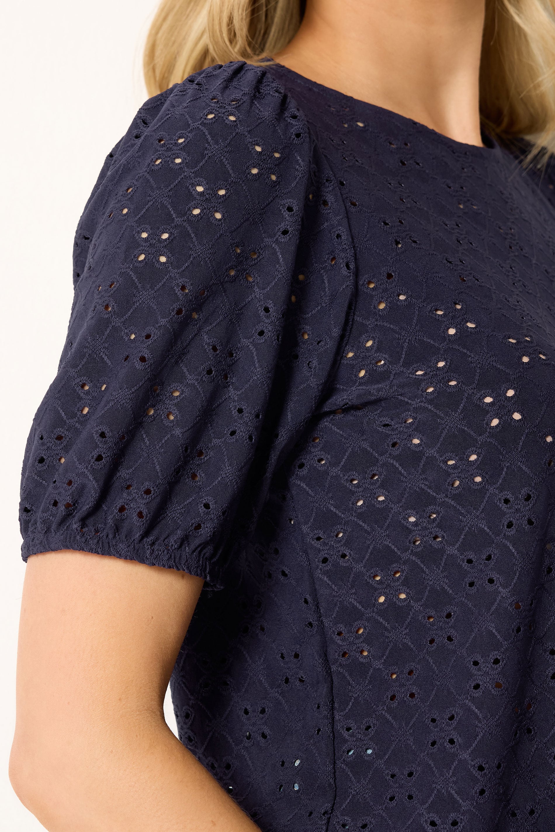 LTS Tall Women's Navy Blue Broderie Anglaise Puff Sleeve Top | Long Tall Sally 4