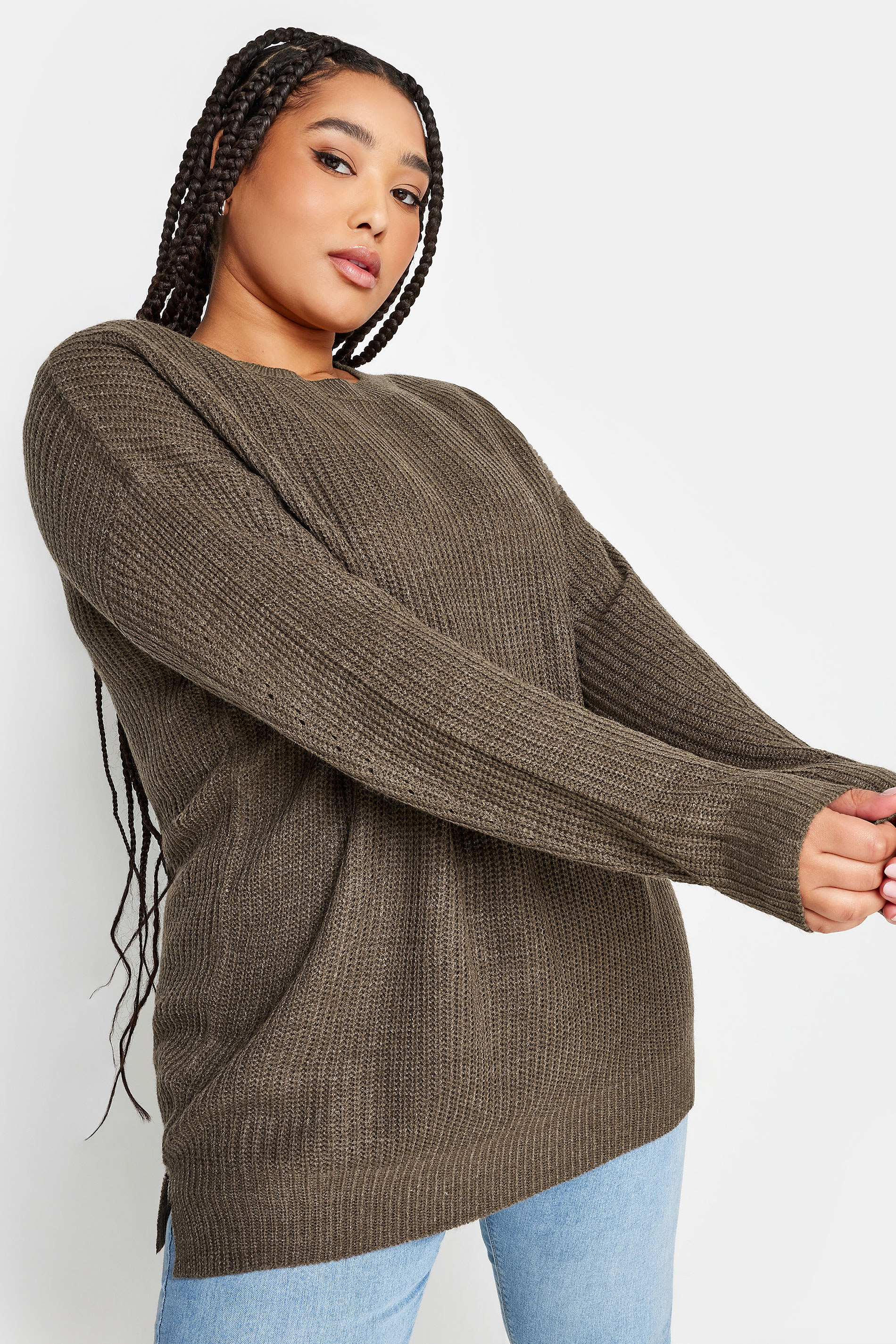 YOURS Plus Size Brown Ribbed Knit Jumper | Yours Clothing 2