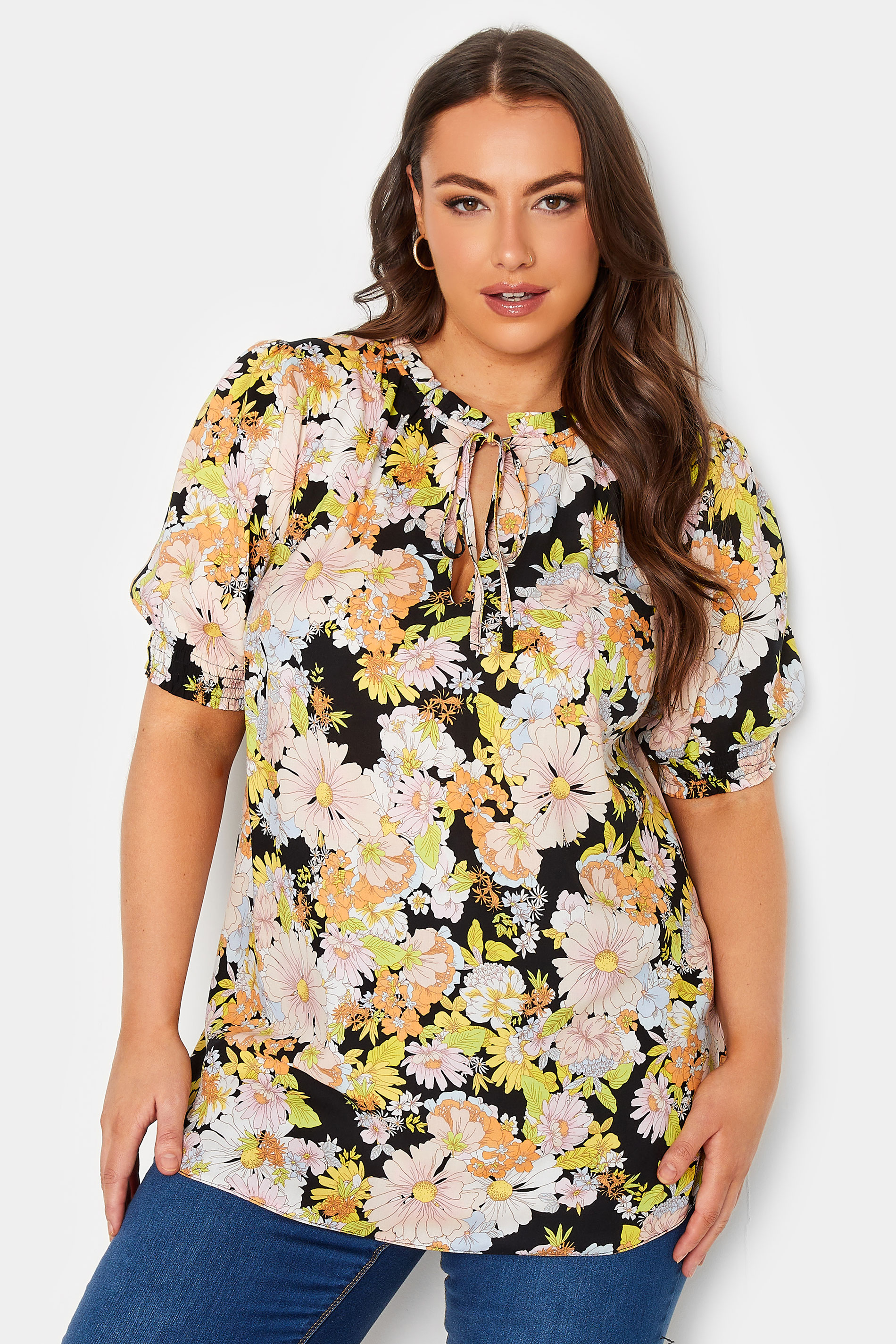 YOURS Plus Size Black & Yellow Floral Print Tie Neck Blouse | Yours Clothing 1