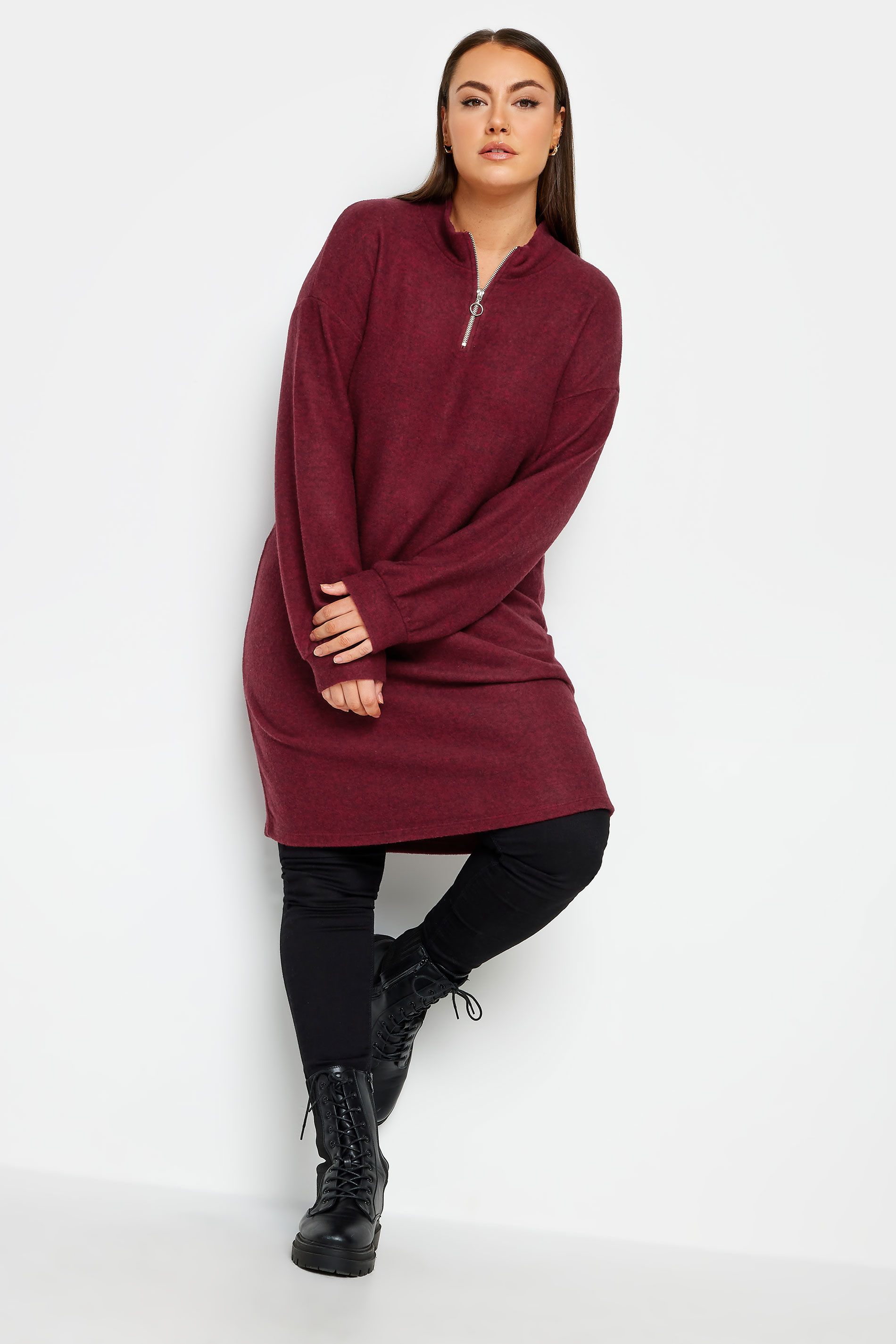 YOURS Plus Size Red Soft Touch Zip Neck Jumper Dress | Yours Clothing 1