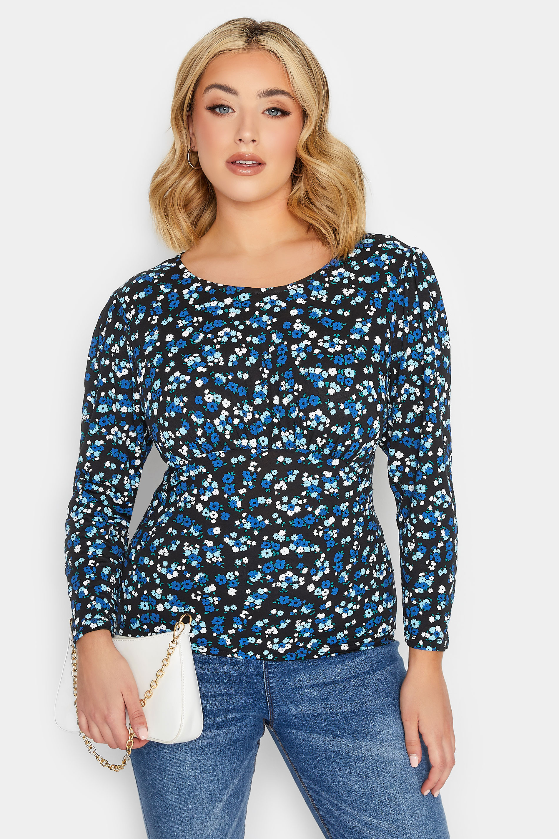 YOURS PETITE Curve Plus Size Black Ditsy Print Long Sleeve Top | Yours Clothing  1