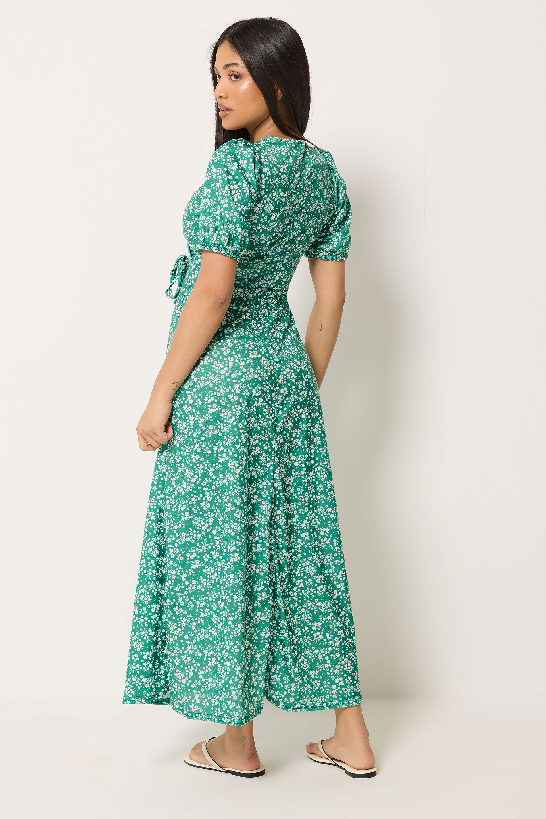 M&Co Petite Green Ditsy Floral Print Maxi Wrap Dress | M&Co 2