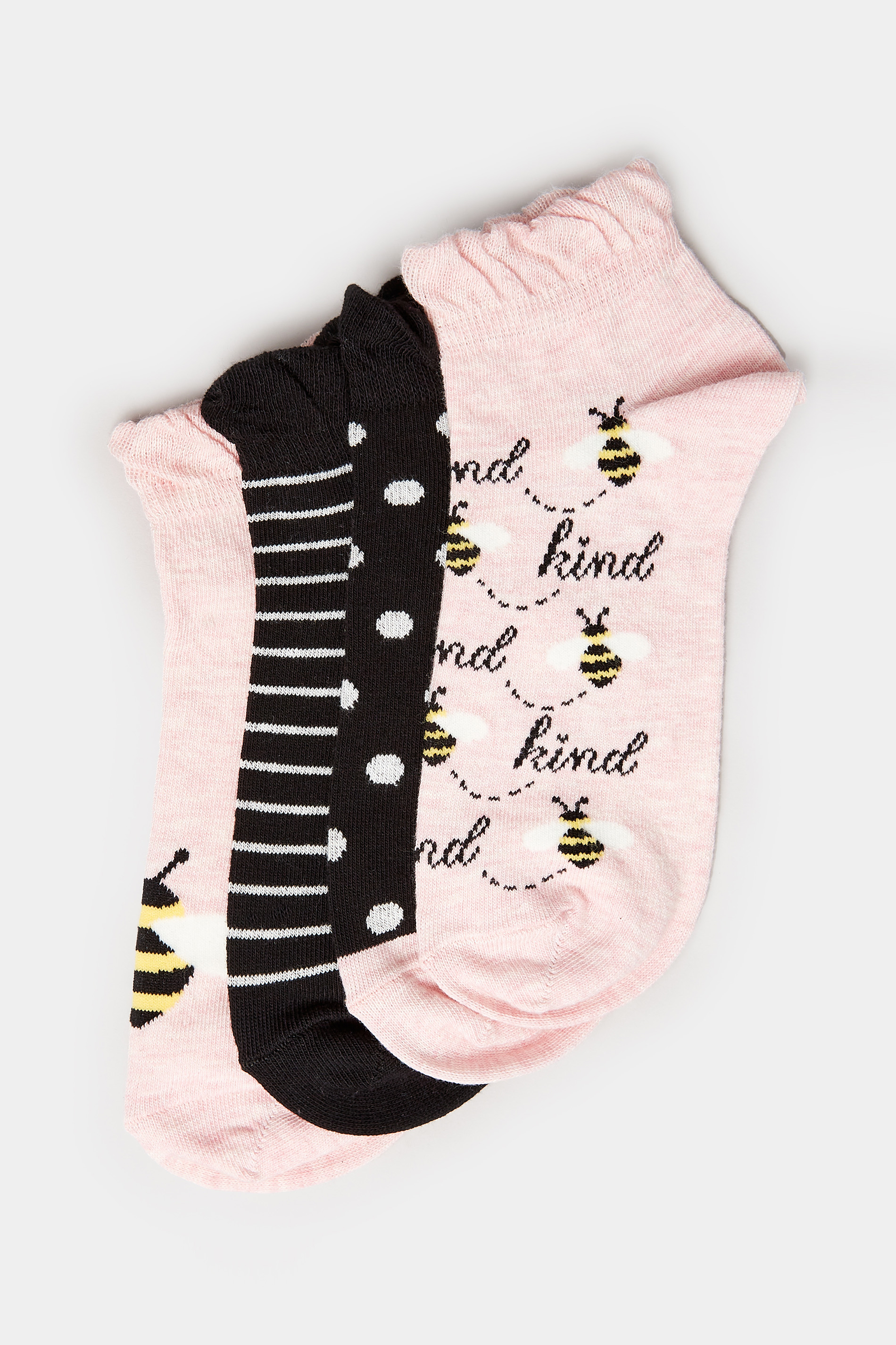 4 PACK Black & Pink 'Bee Kind' Printed Trainer Liner Socks | Yours Clothing 3